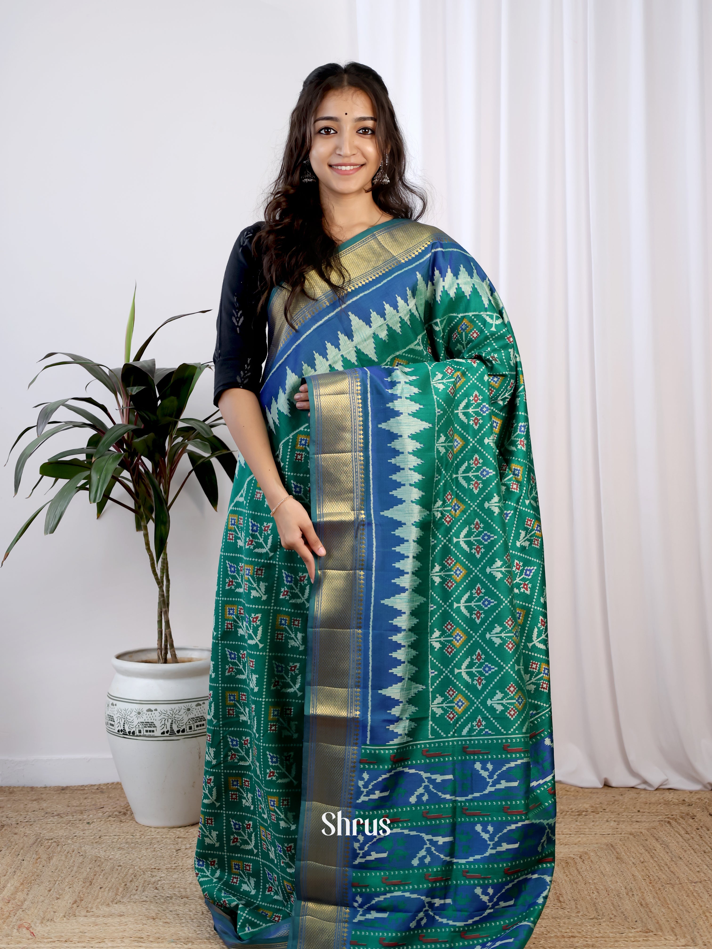 Green & Blue - Semi Patola Saree - Shop on Shrus.com
