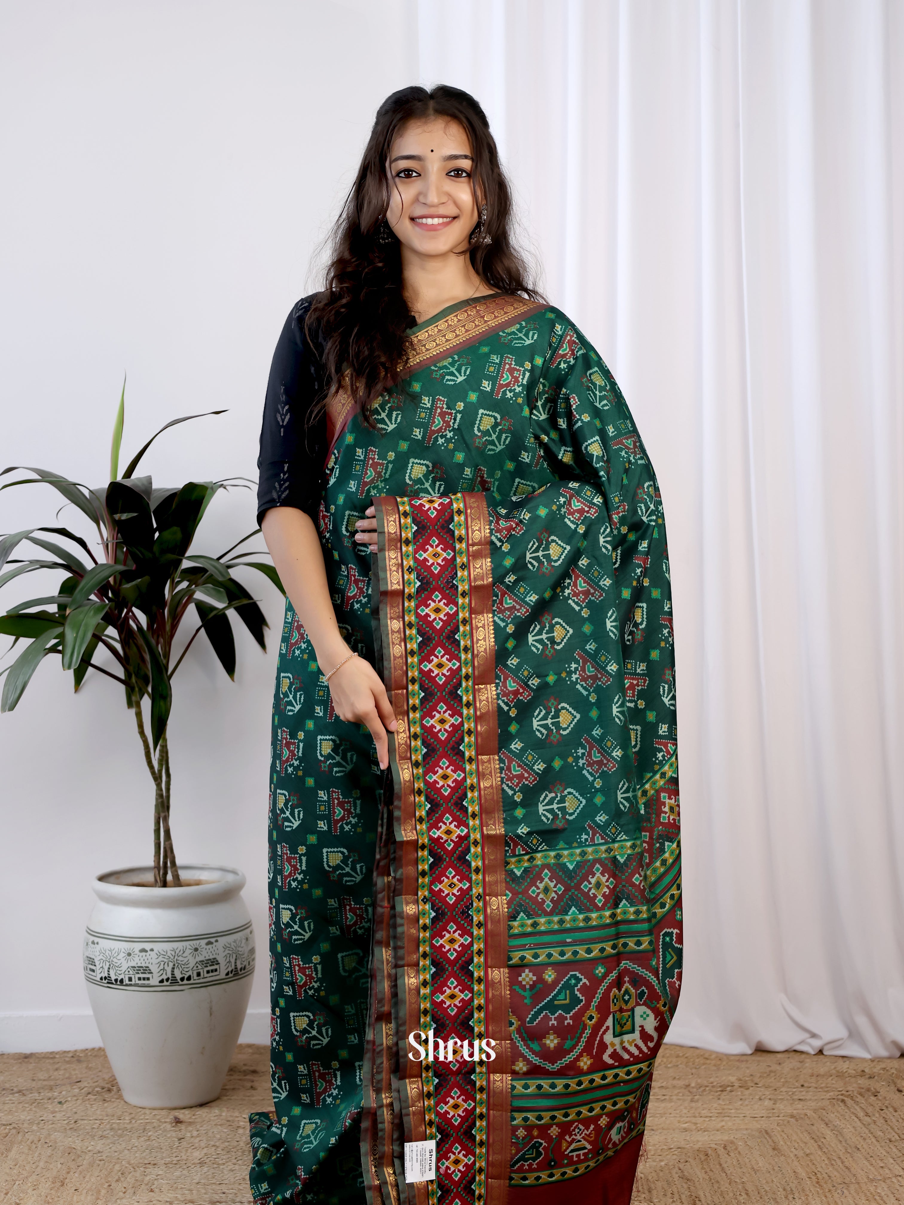 Green & Brown - Semi Patola Saree - Shop on Shrus.com