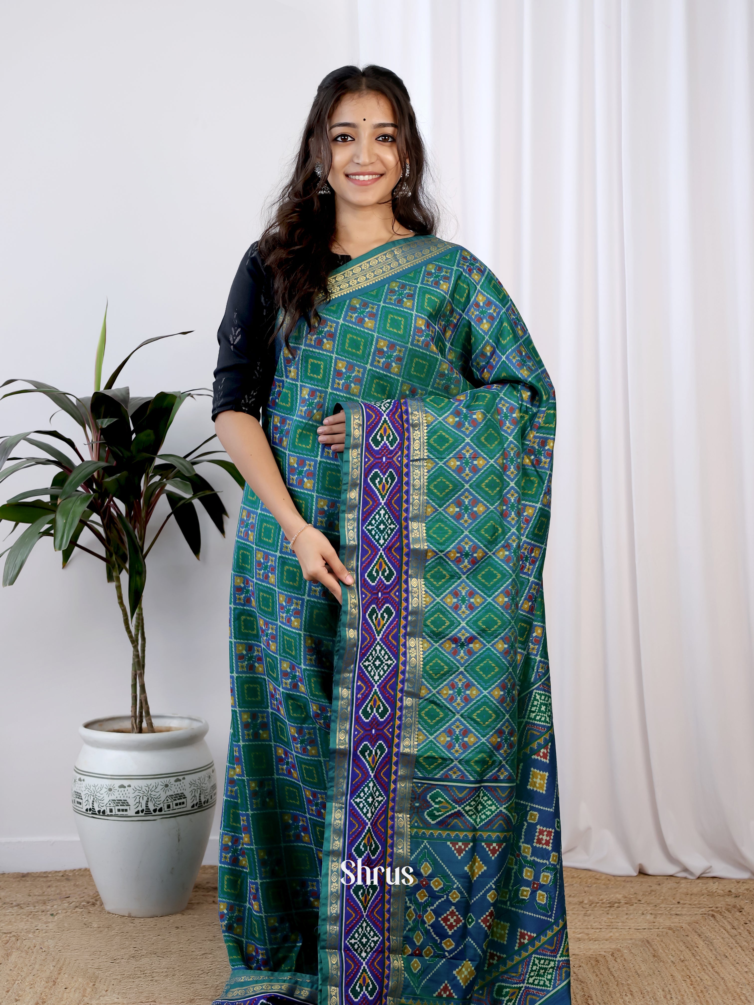 Green & Blue - Semi Patola Saree - Shop on Shrus.com