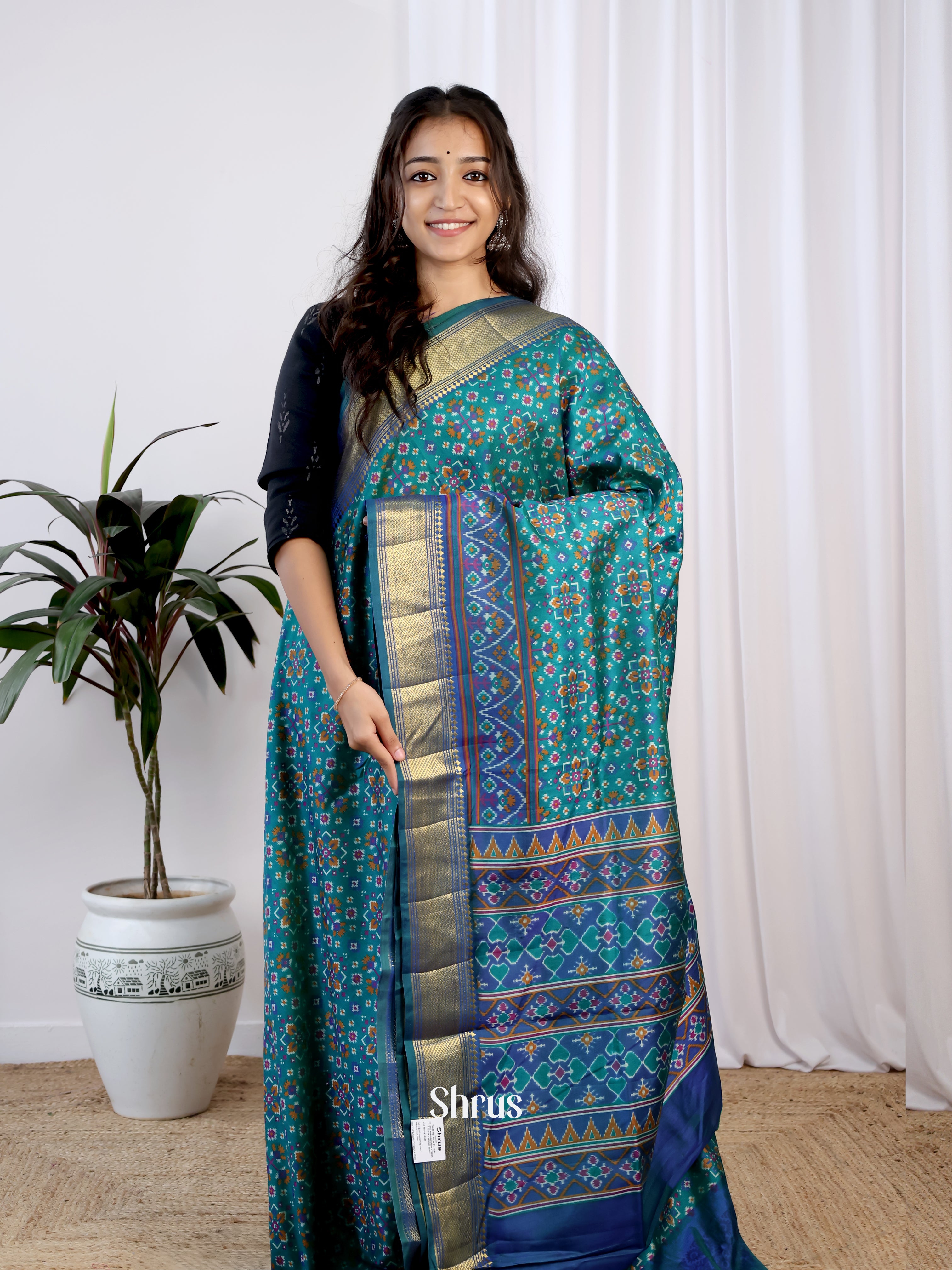 Green & Blue - Semi Patola Saree - Shop on Shrus.com