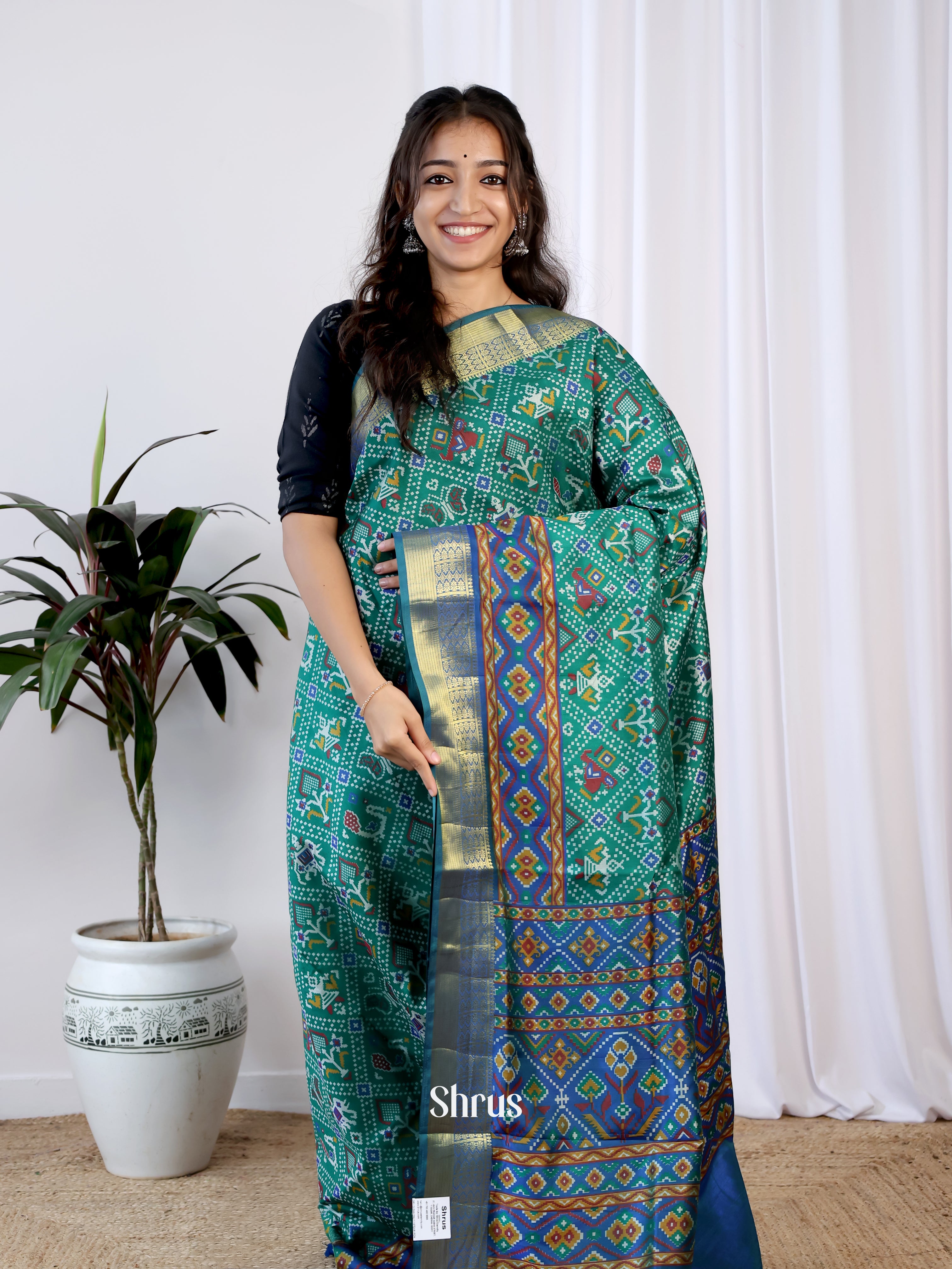 Green & Blue- Semi Patola Saree - Shop on Shrus.com