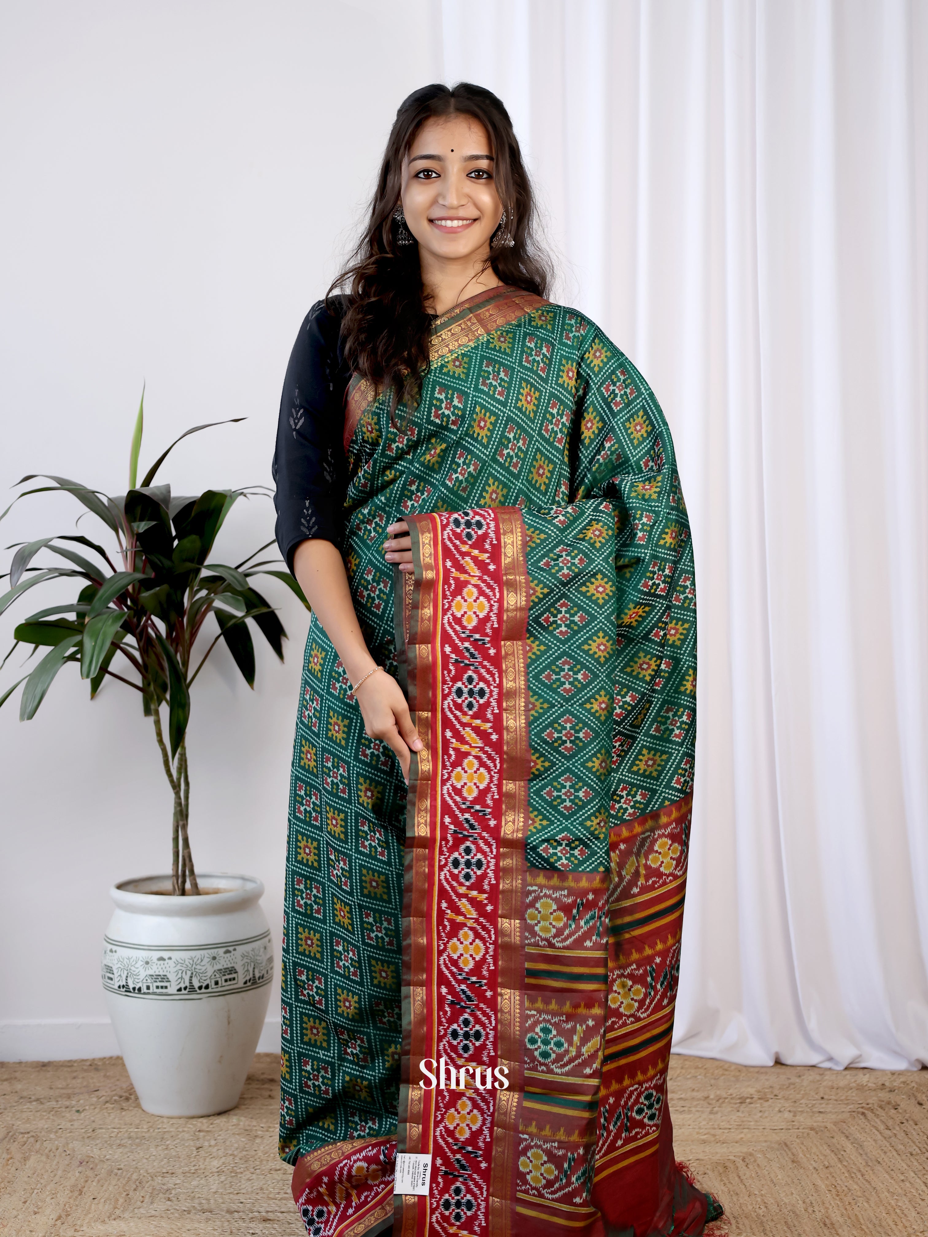 Green & Brown - Semi Patola Saree - Shop on Shrus.com