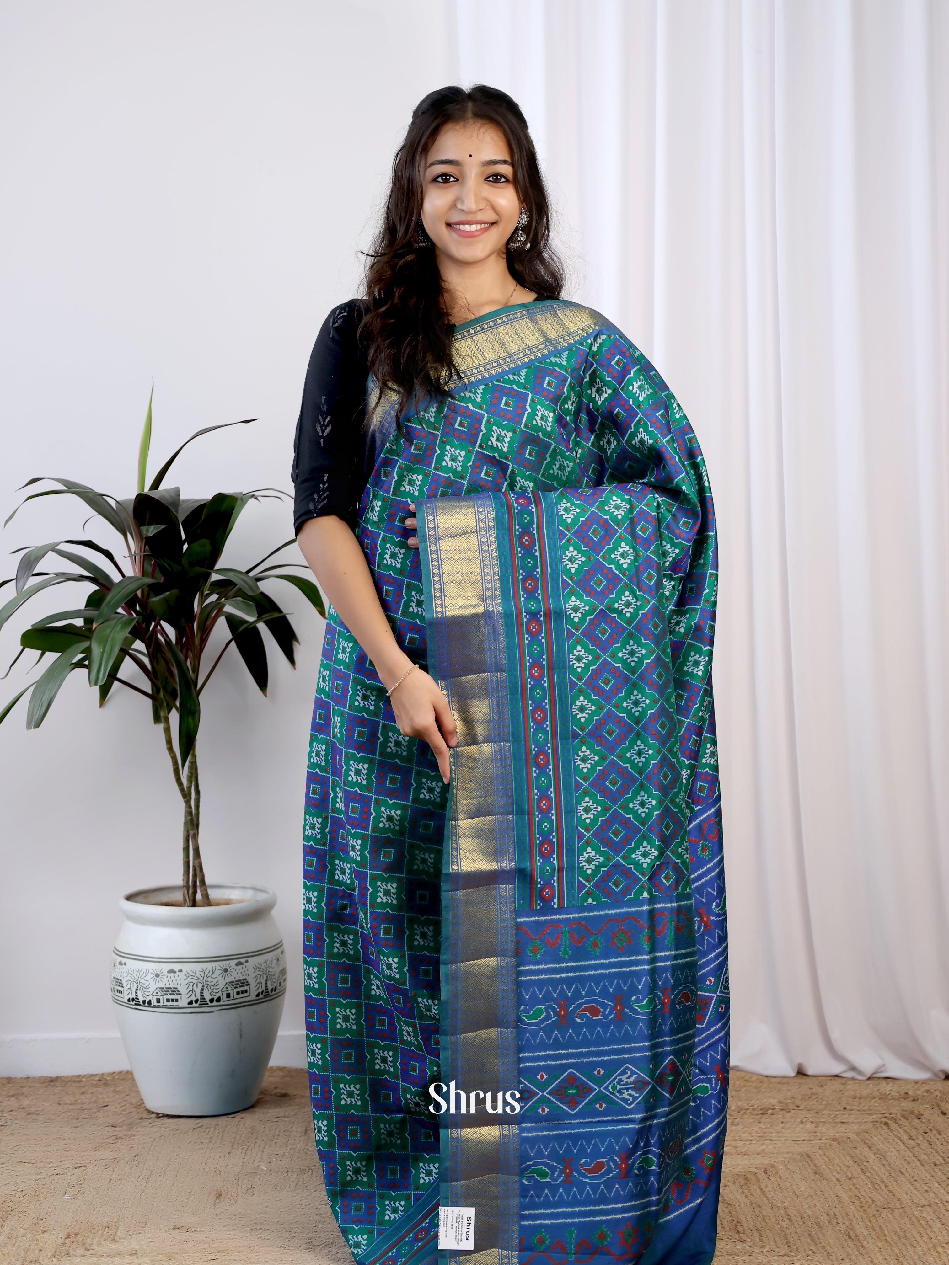 Green & Blue - Semi Patola Saree - Shop on Shrus.com