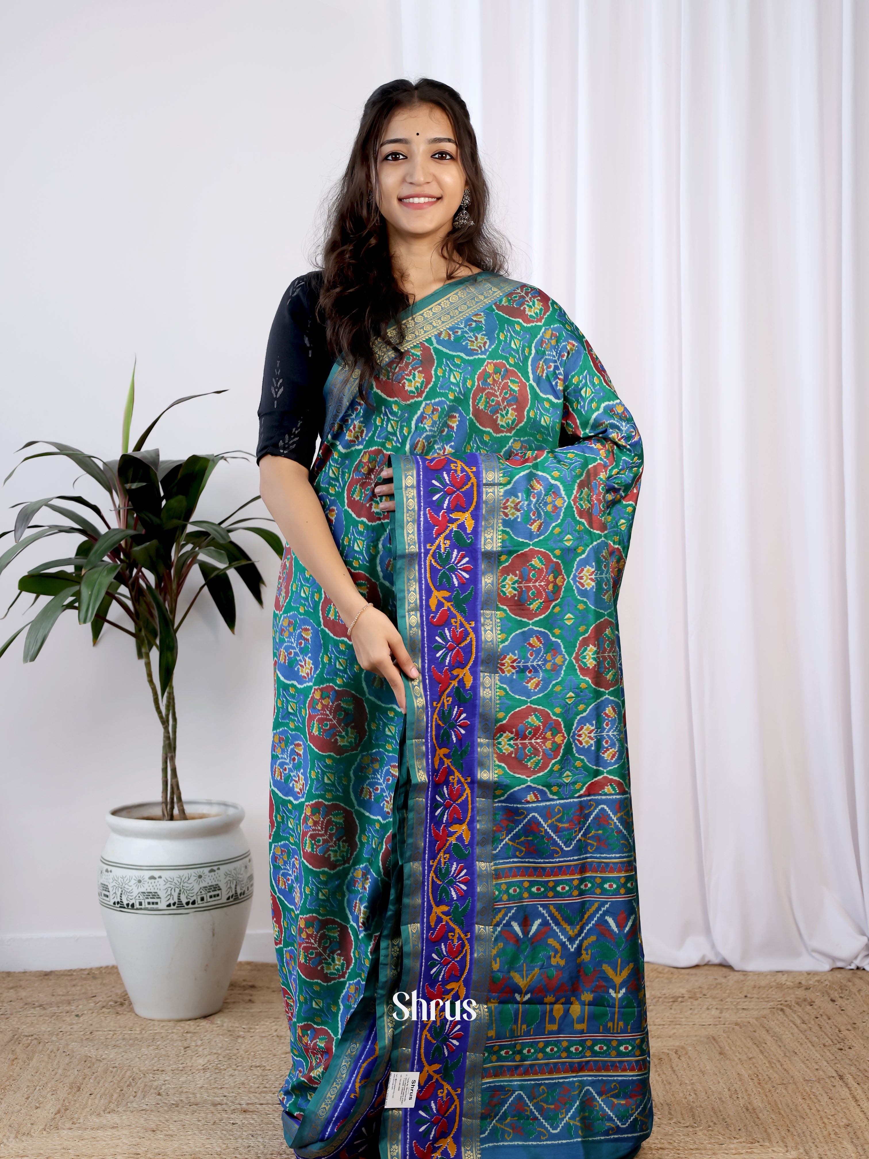 Green & Blue - Semi Patola Saree - Shop on Shrus.com