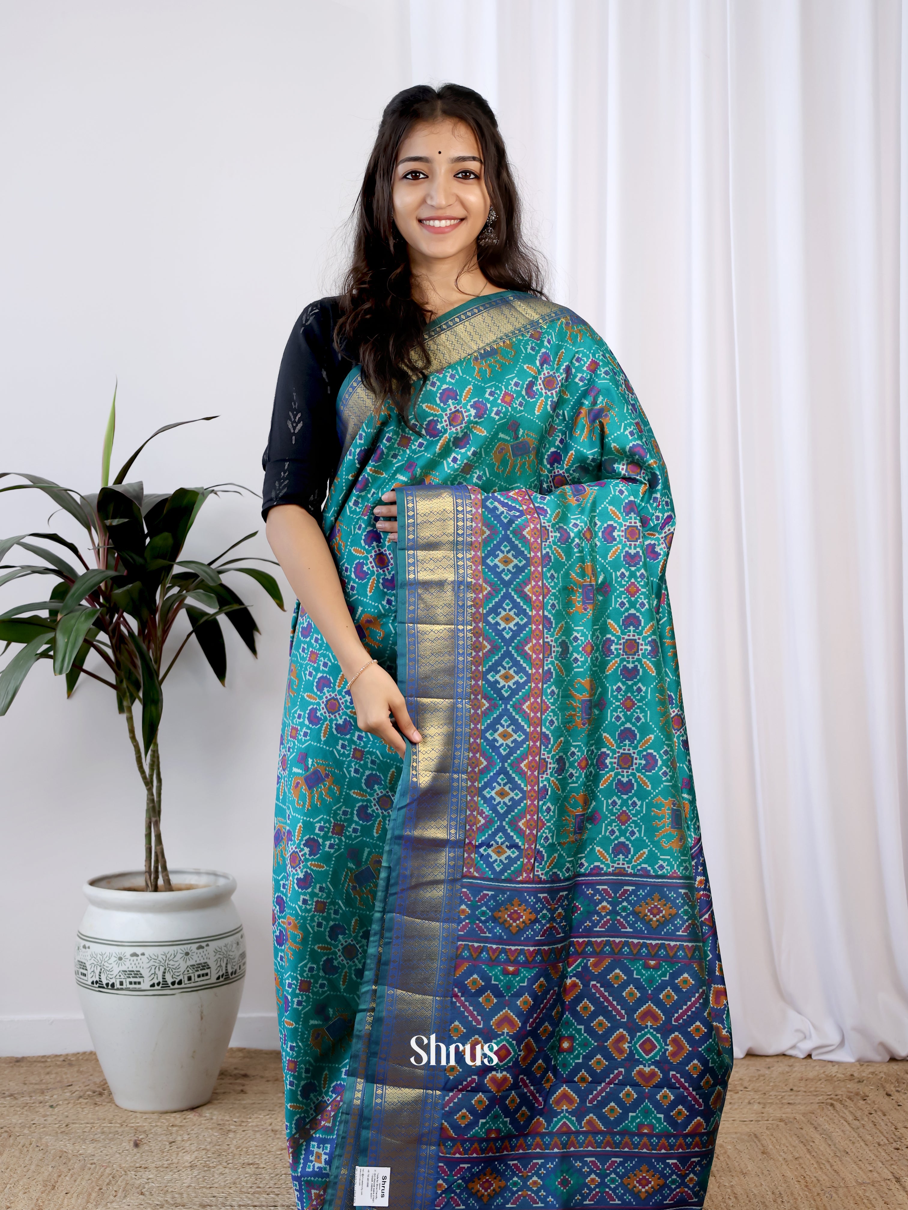 Green & Blue- Semi Patola Saree - Shop on Shrus.com