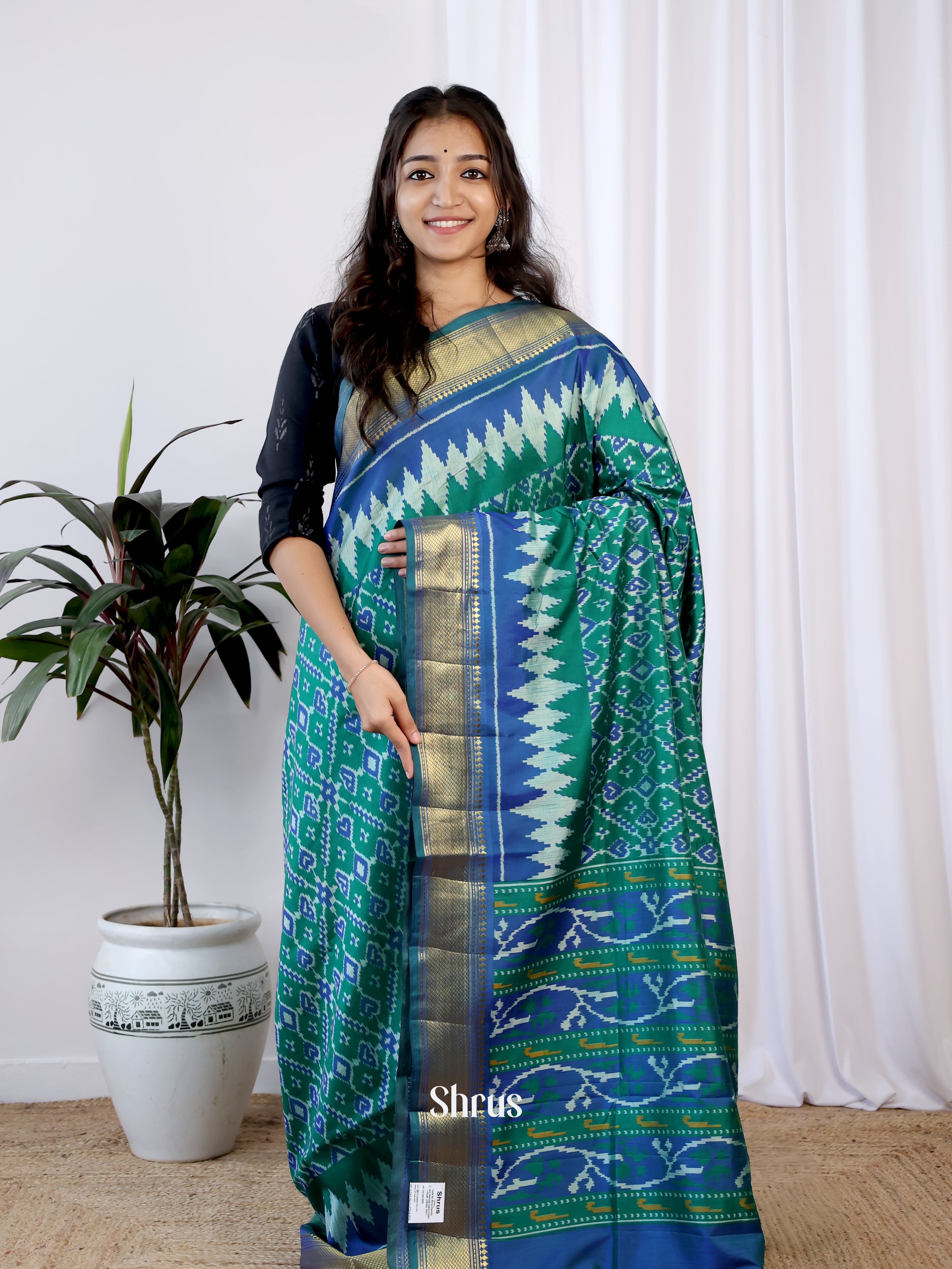 Green & Blue- Semi Patola Saree - Shop on Shrus.com