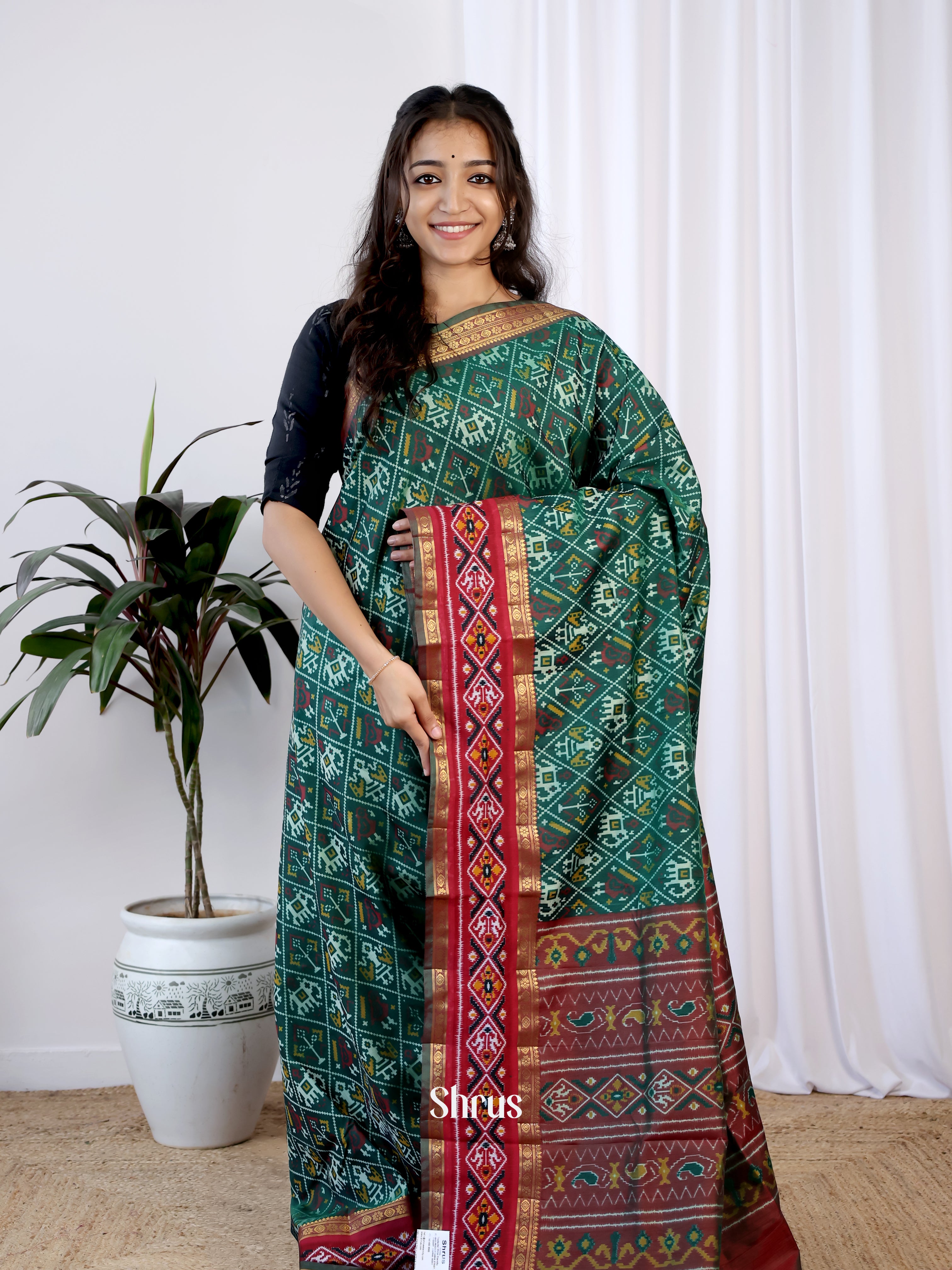 Green & Brown - Semi Patola Saree - Shop on Shrus.com