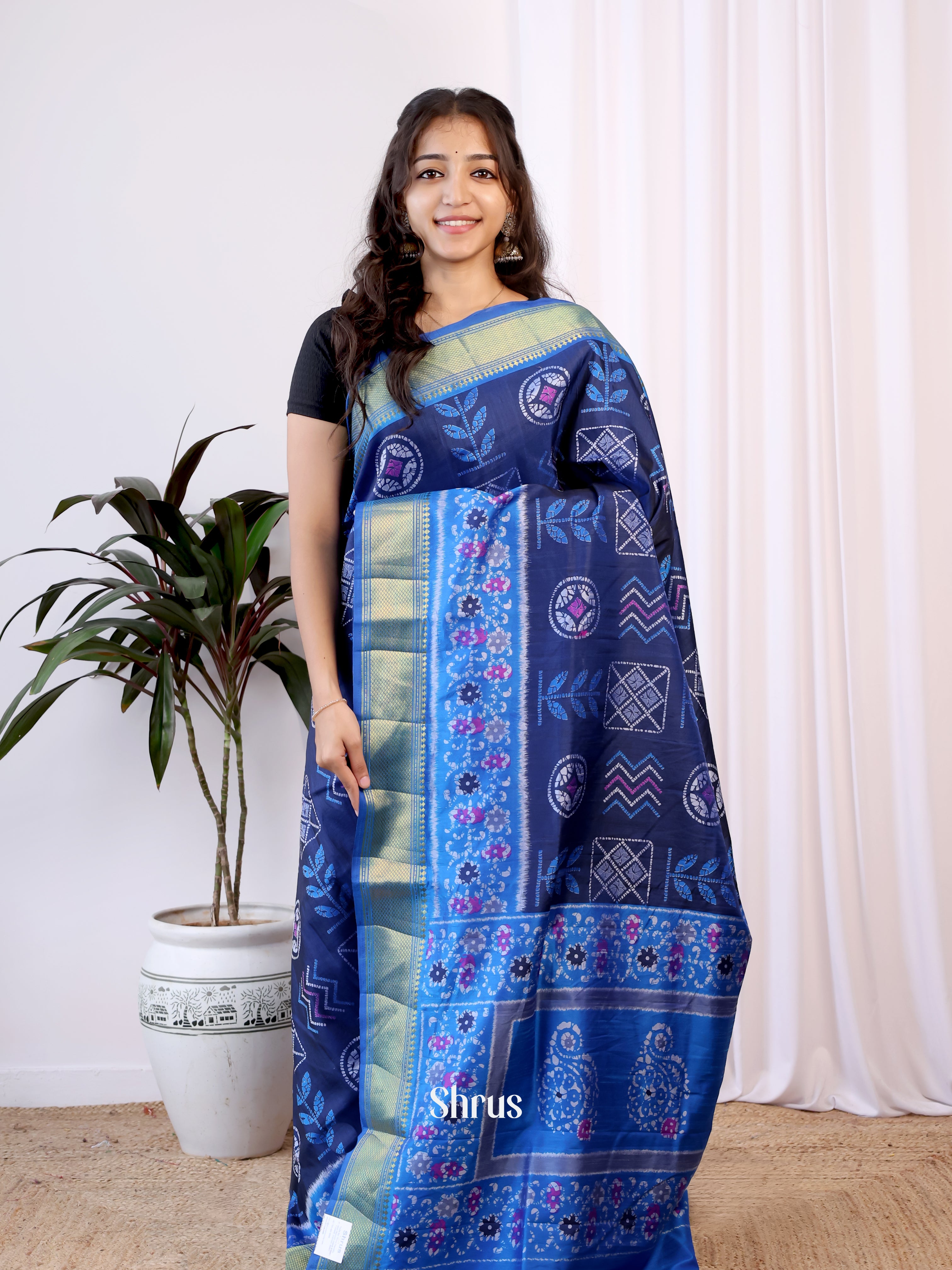 Dark Blue & Blue- Semi Patola Saree - Shop on Shrus.com