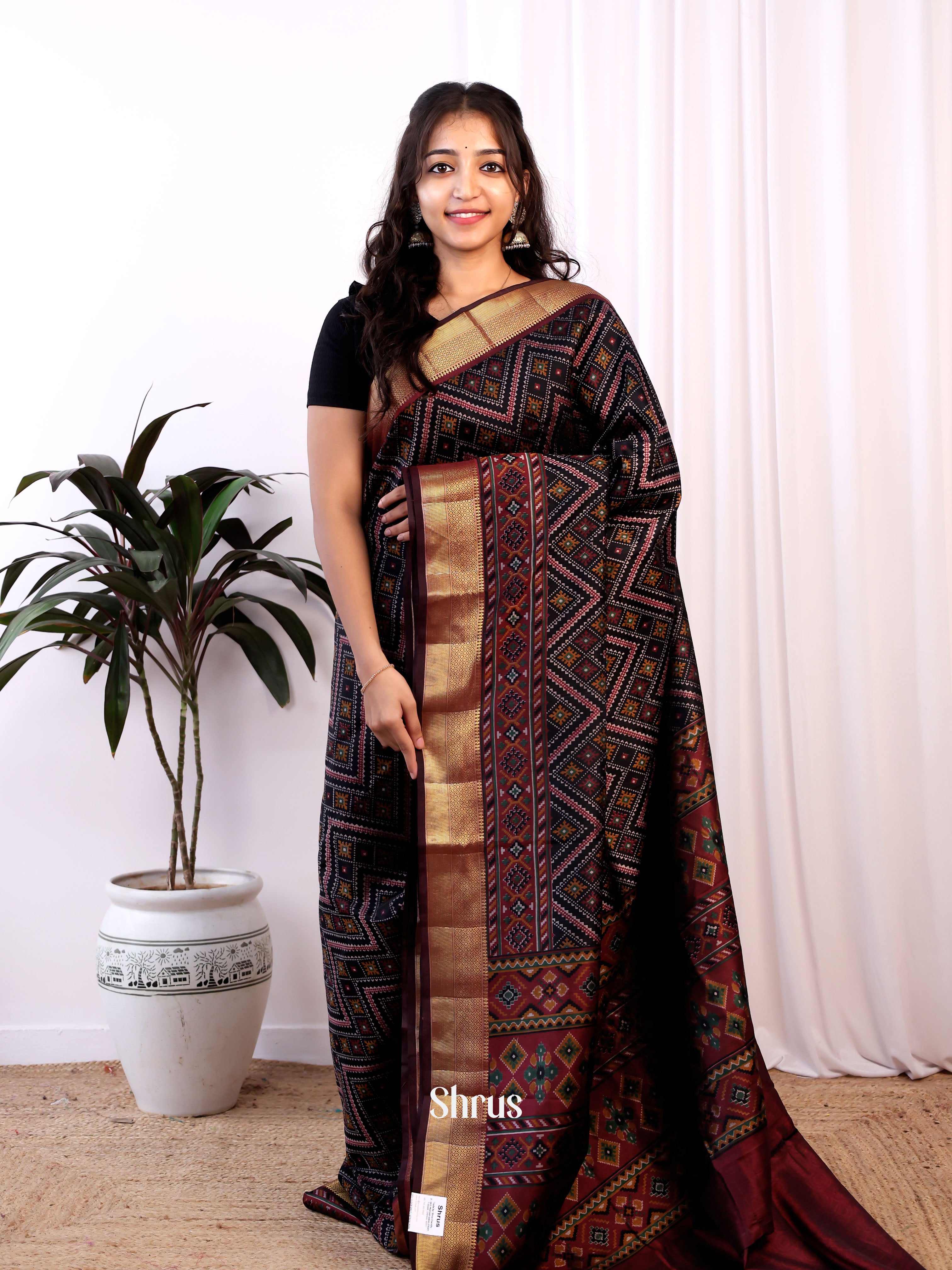 Black & Maroon - Semi Patola Saree - Shop on Shrus.com