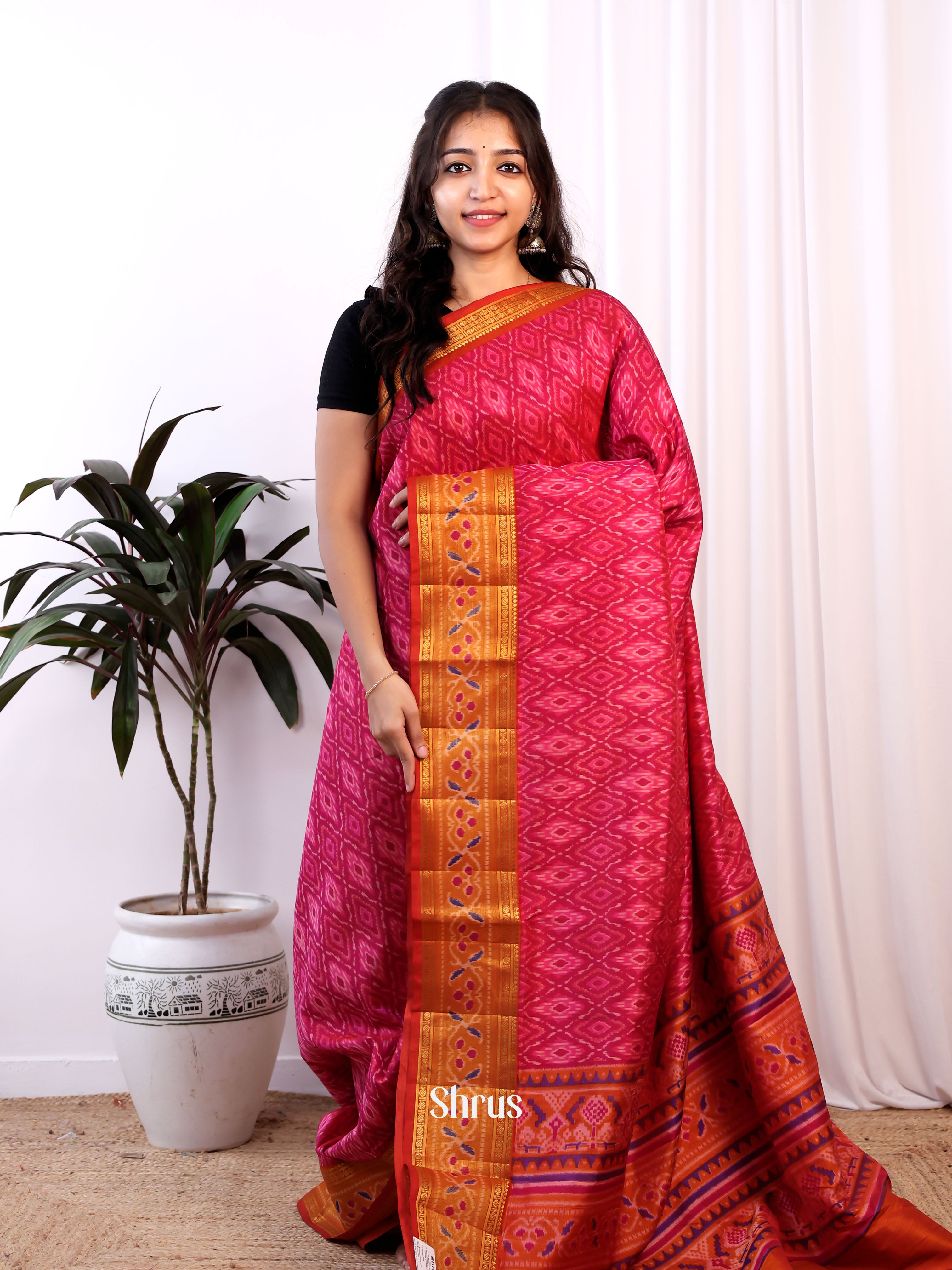 pink & Orange - Semi Patola Saree - Shop on Shrus.com