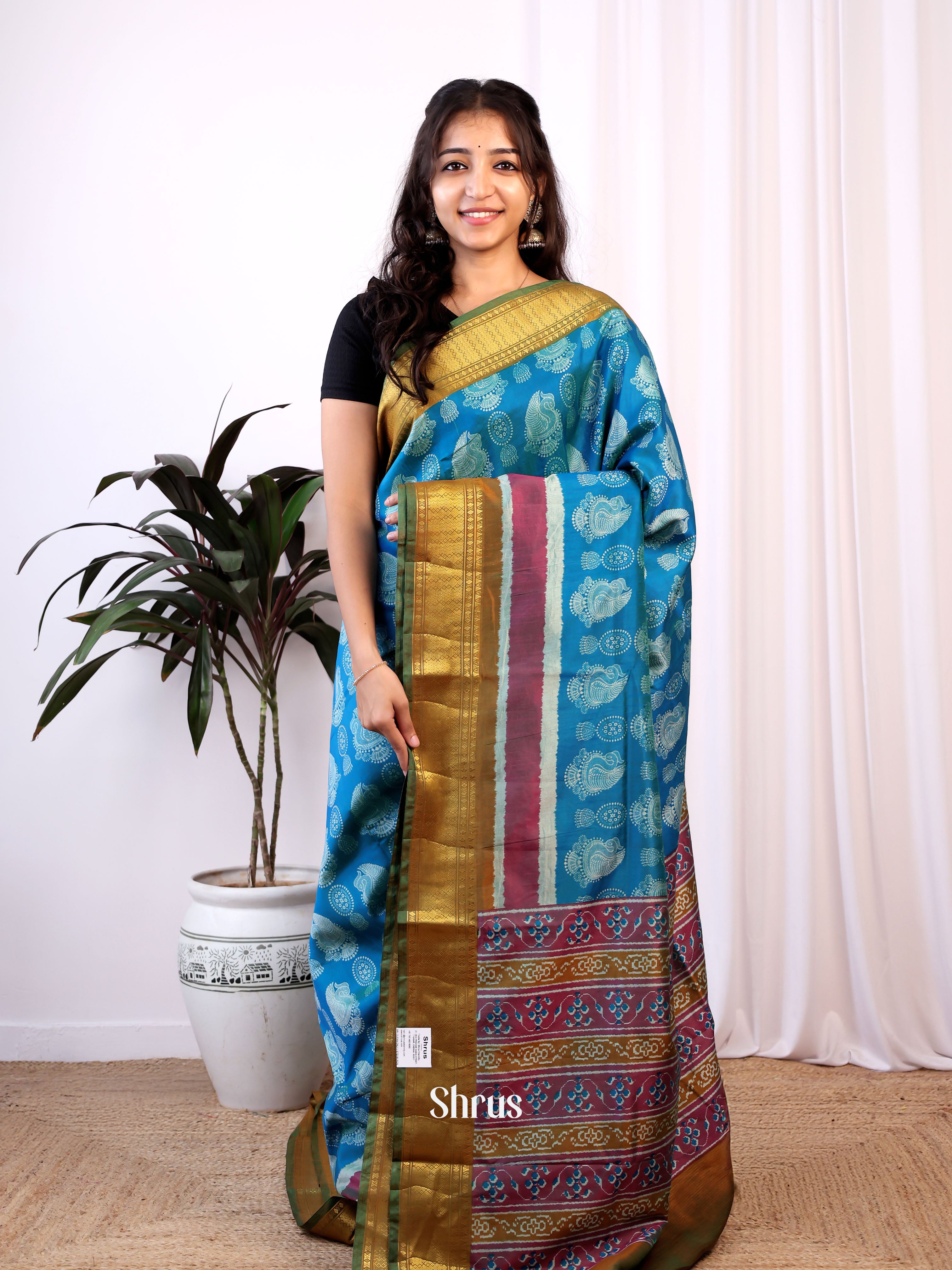 Blue & Green - Semi Patola Saree - Shop on Shrus.com