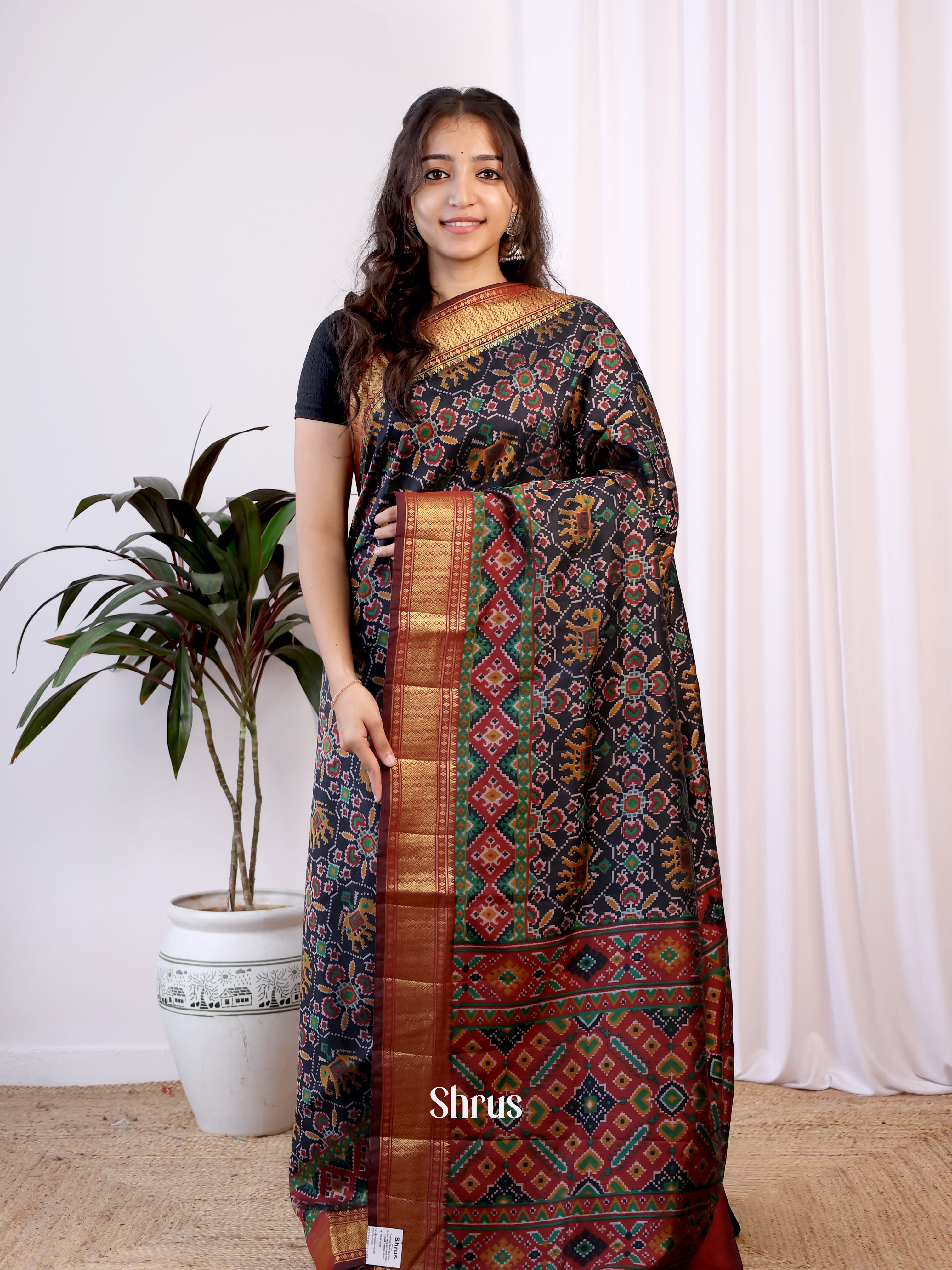 Black & Maroon- Semi Patola Saree - Shop on Shrus.com