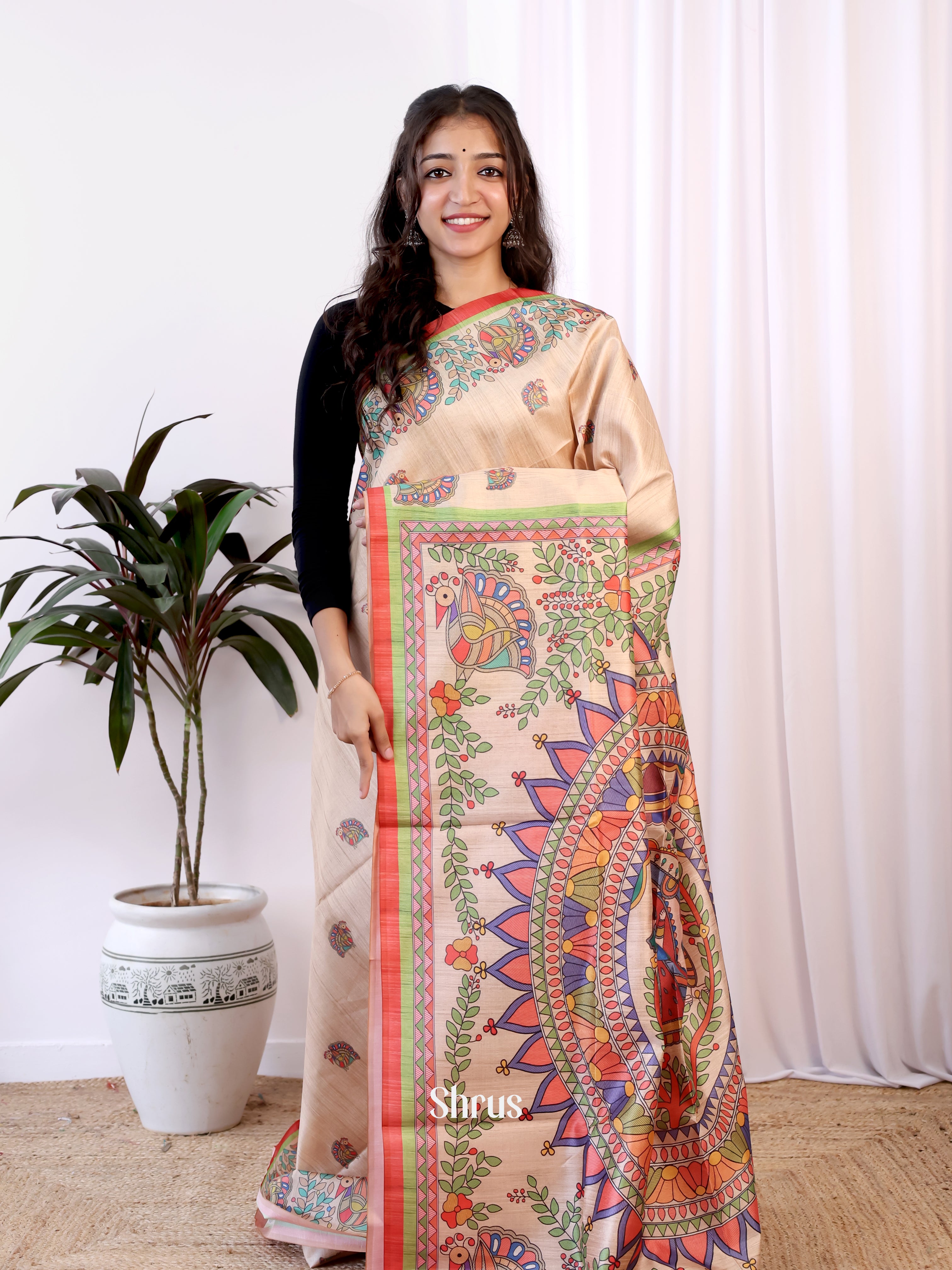 Beige & Red- Champa semitussar Saree - Shop on Shrus.com
