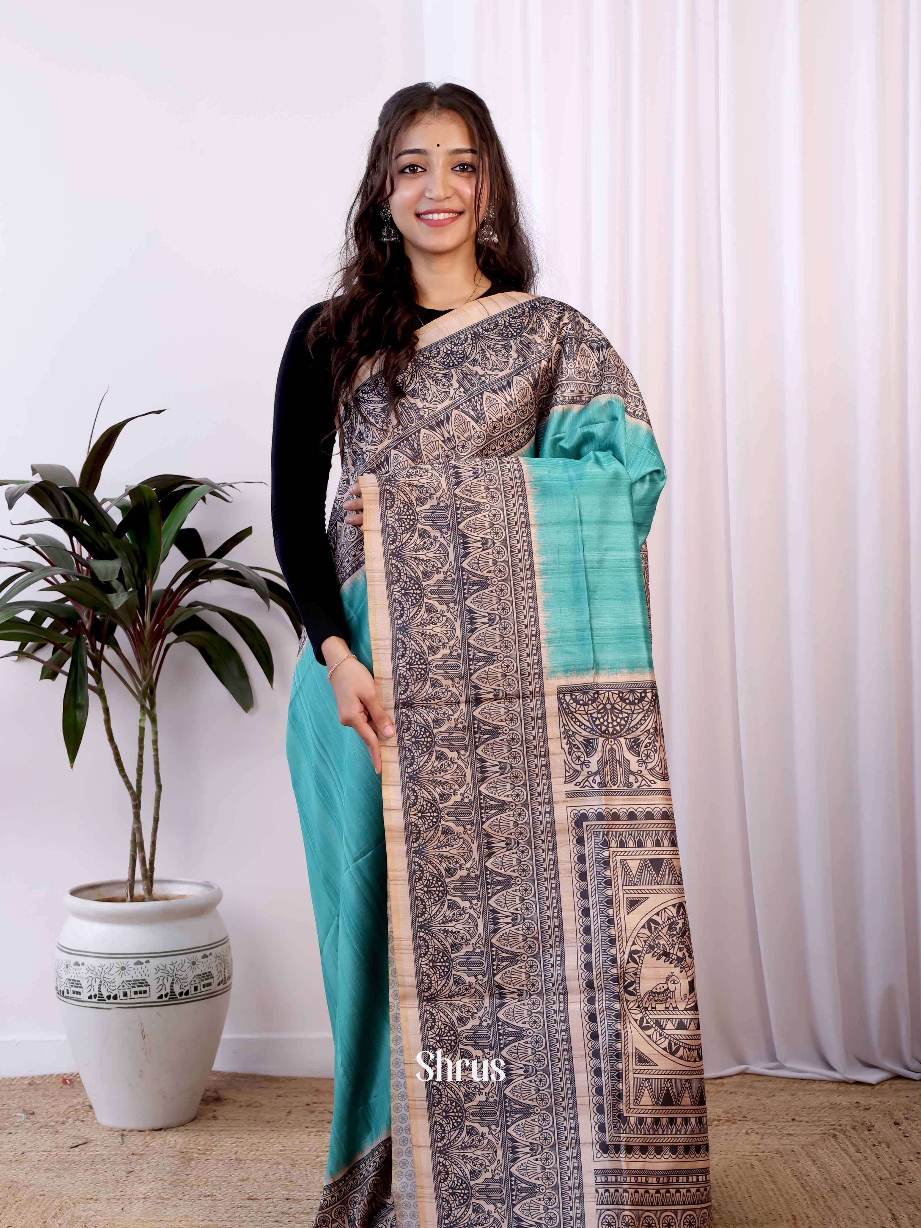 Blue & Peach- Champa semitussar Saree - Shop on Shrus.com