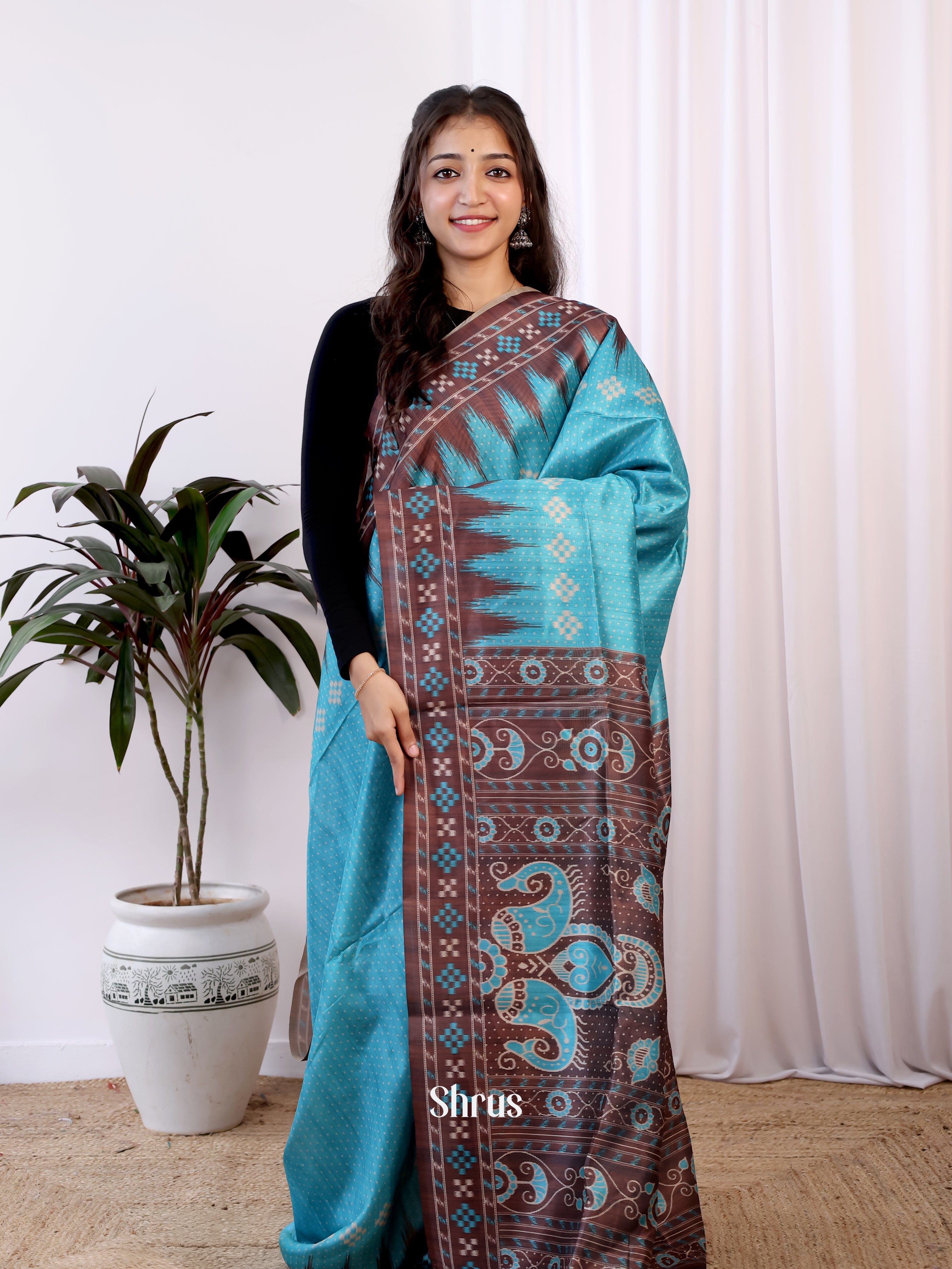 Blue & Brown- Champa semitussar Saree - Shop on Shrus.com