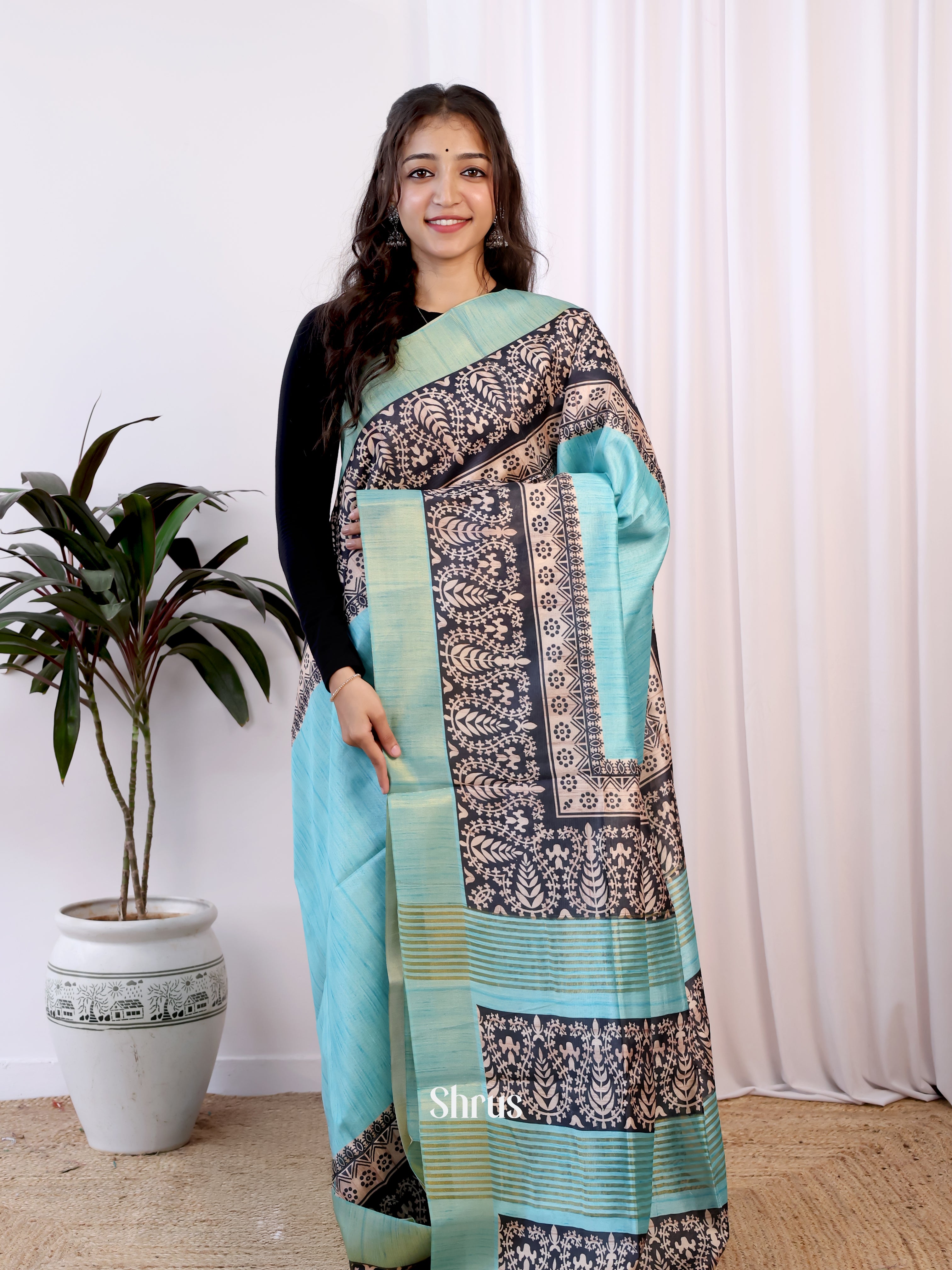 Blue & Black - Champa semitussar Saree - Shop on Shrus.com