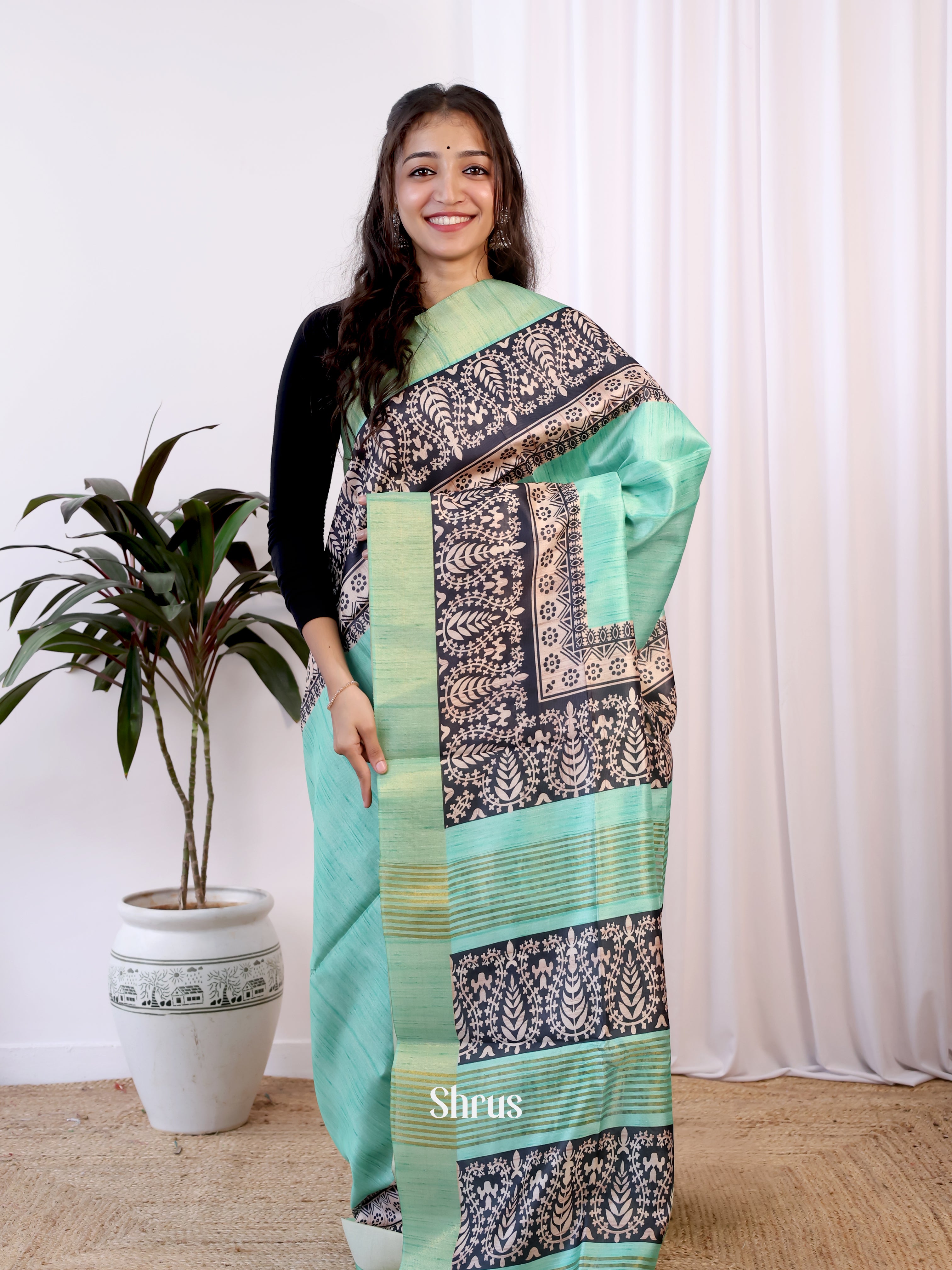 Green & Black - Champa semitussar Saree - Shop on Shrus.com