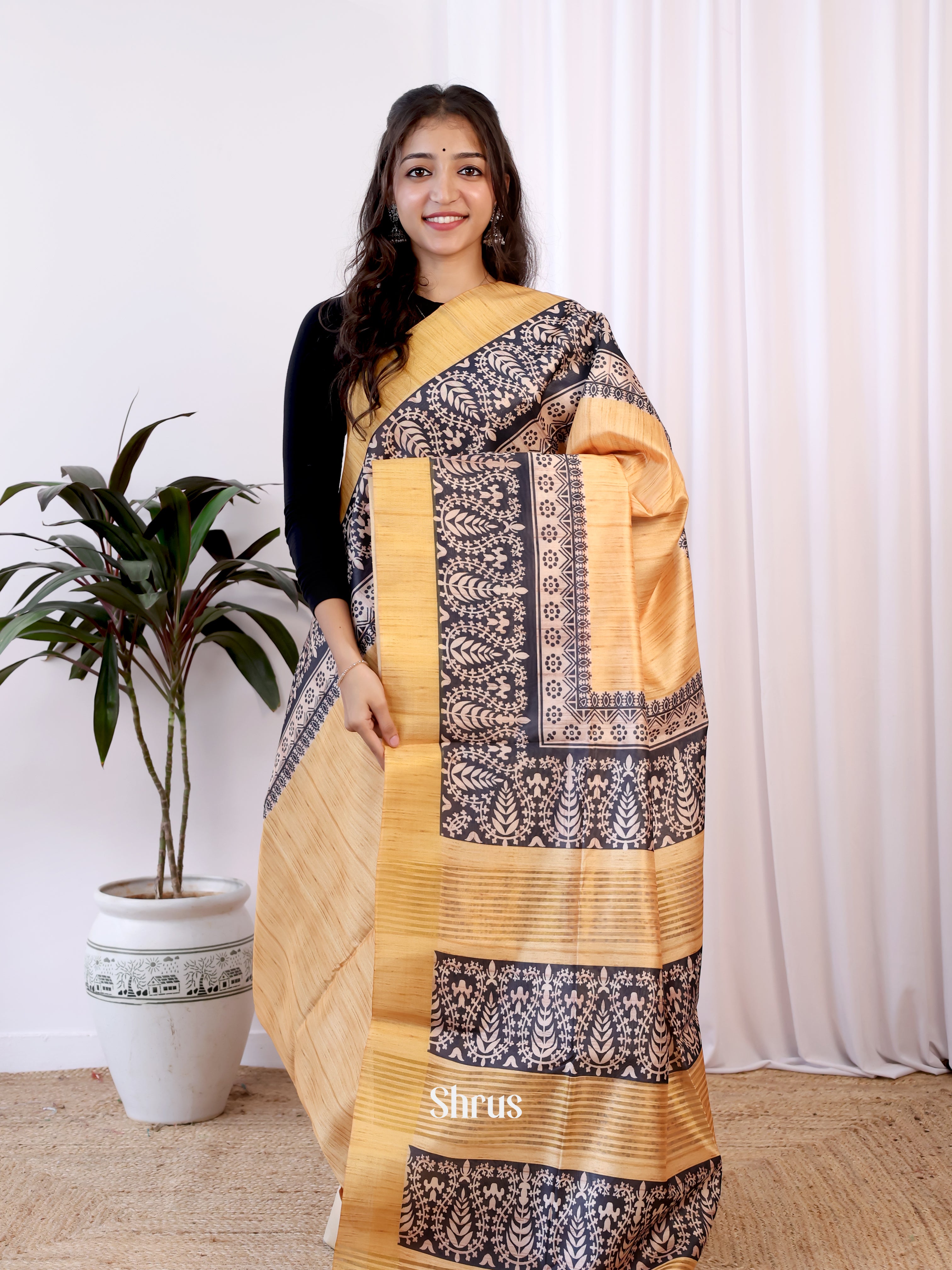 Lite Brown & Black - Champa semitussar Saree - Shop on Shrus.com