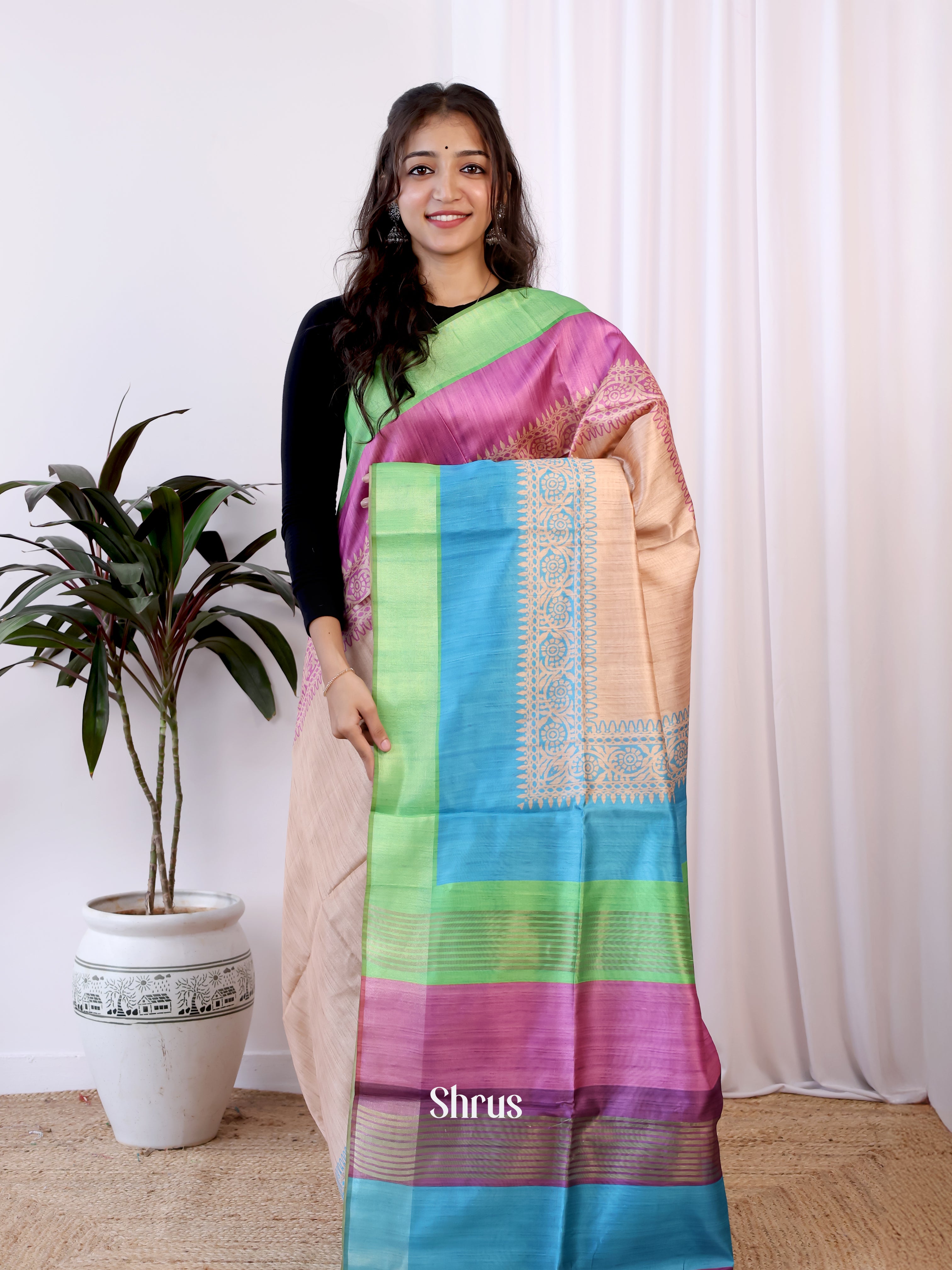 Peach & Green - Champa semitussar Saree - Shop on Shrus.com