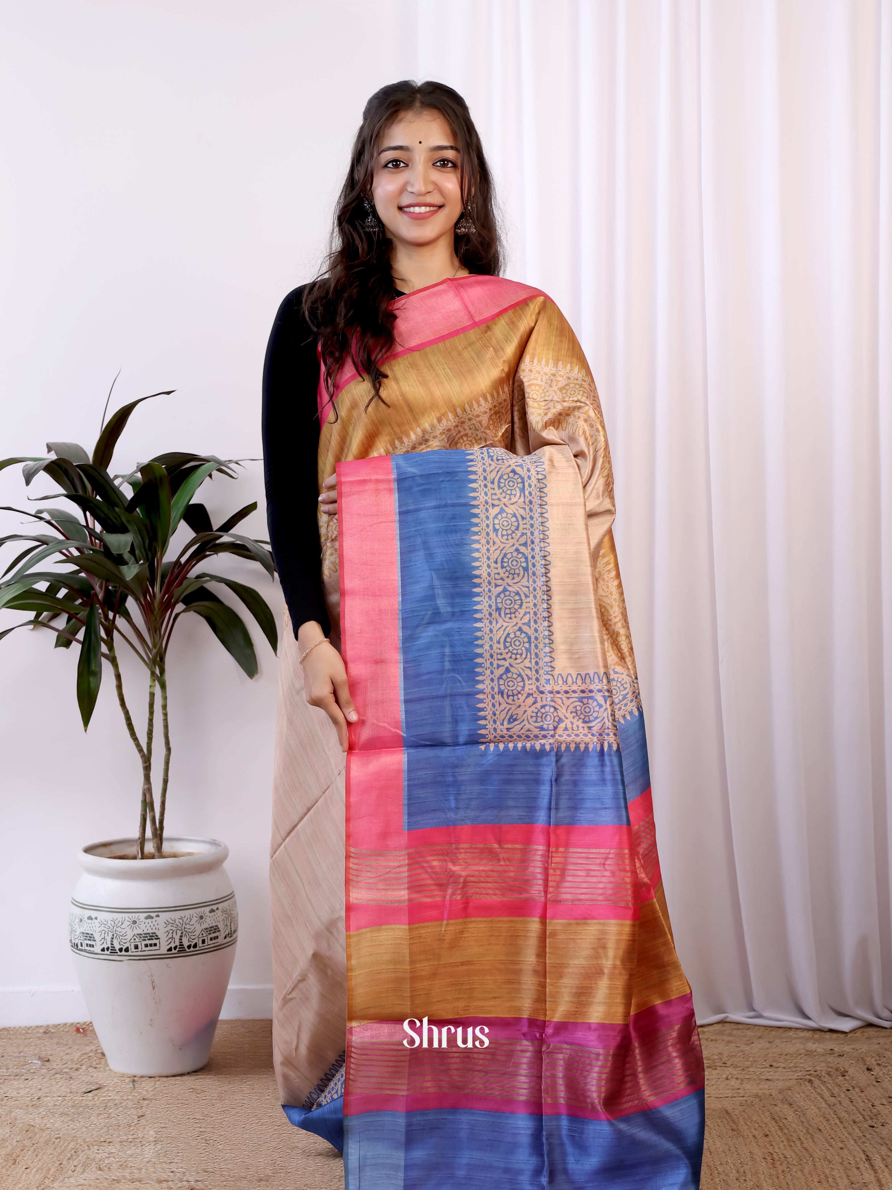 Lite Brown & Pink - Champa semitussar Saree - Shop on Shrus.com