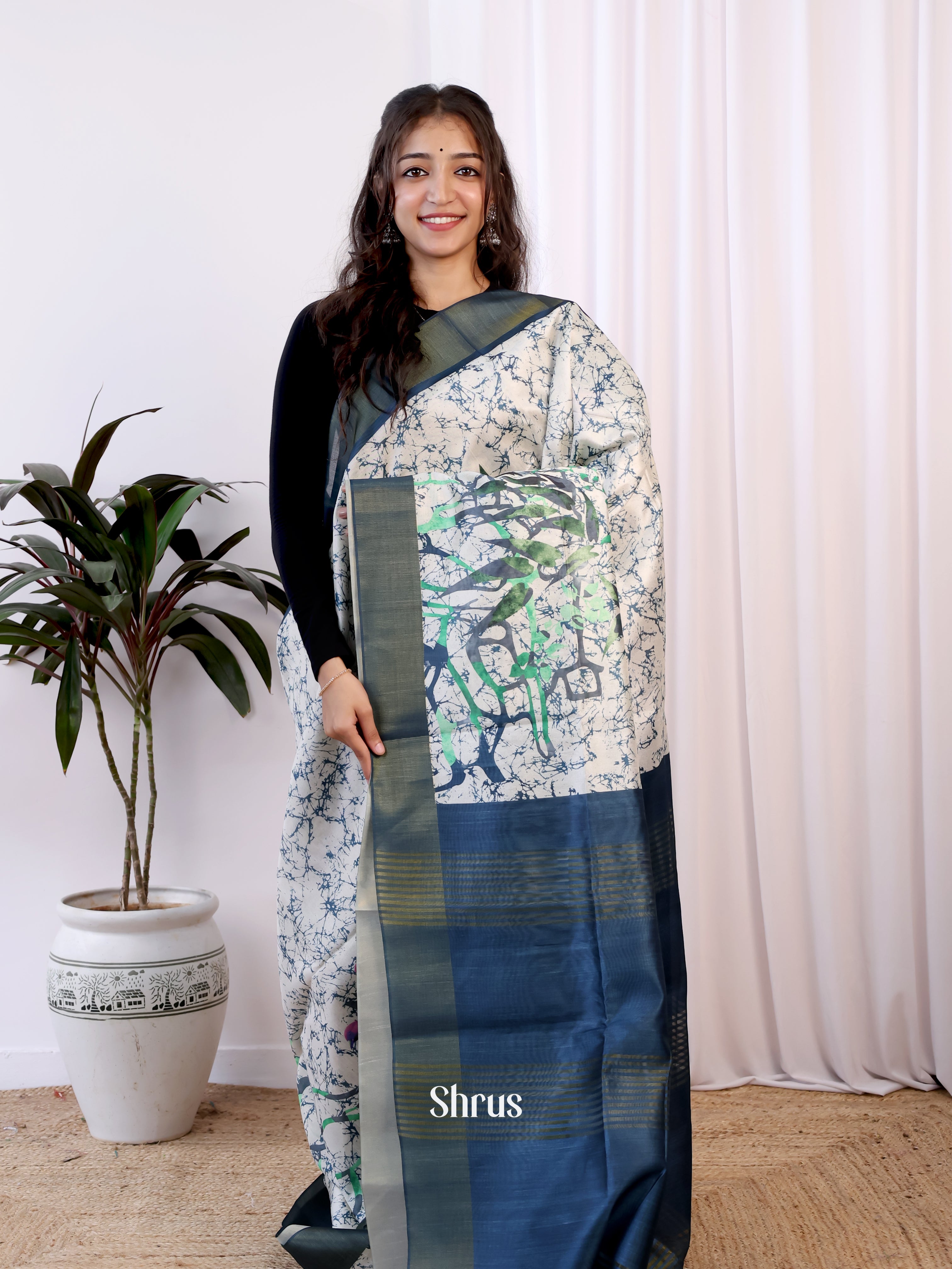 Cream & Blue - Champa semitussar Saree - Shop on Shrus.com