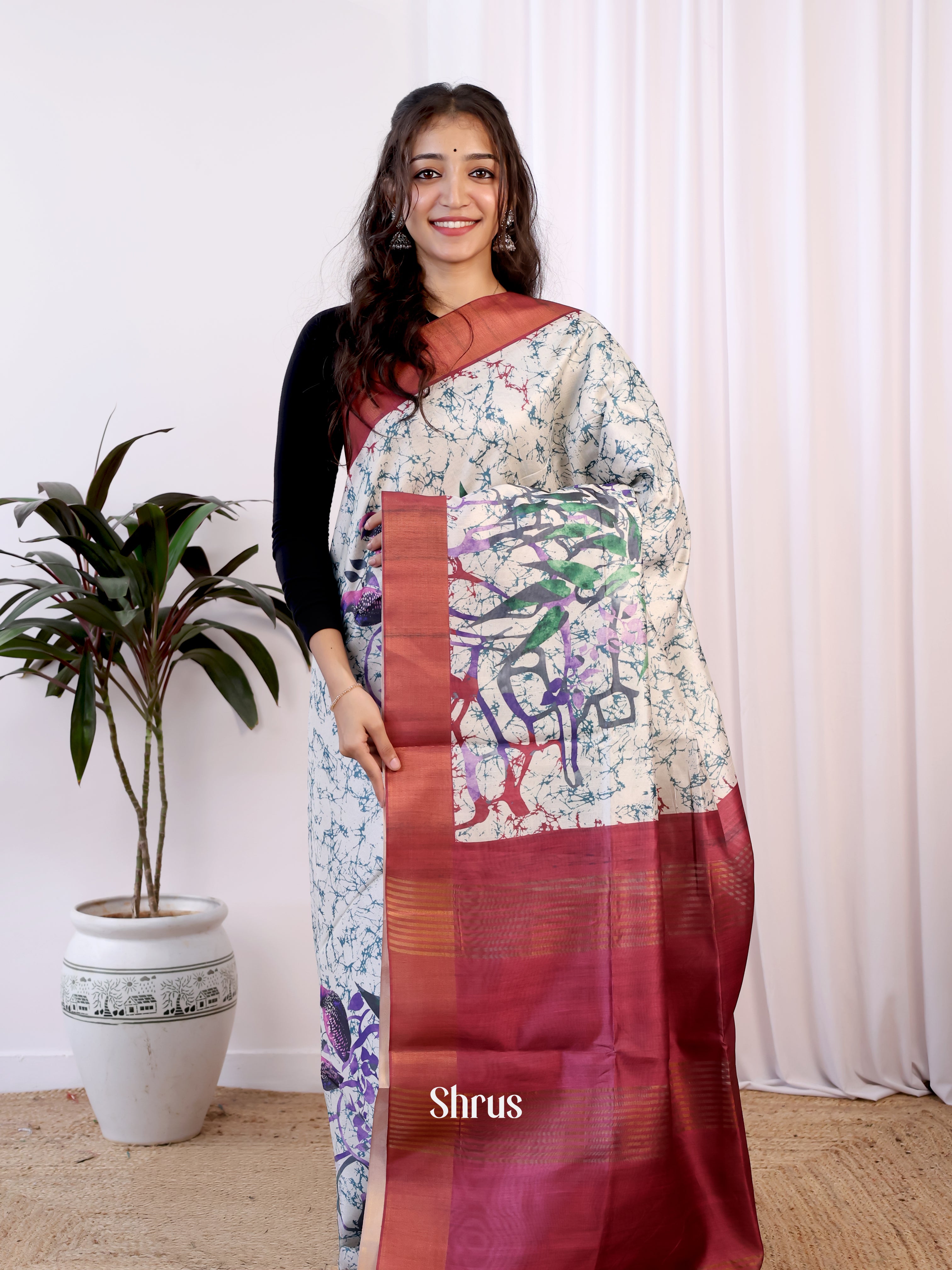 Cream & Maroon - Champa semitussar Saree - Shop on Shrus.com