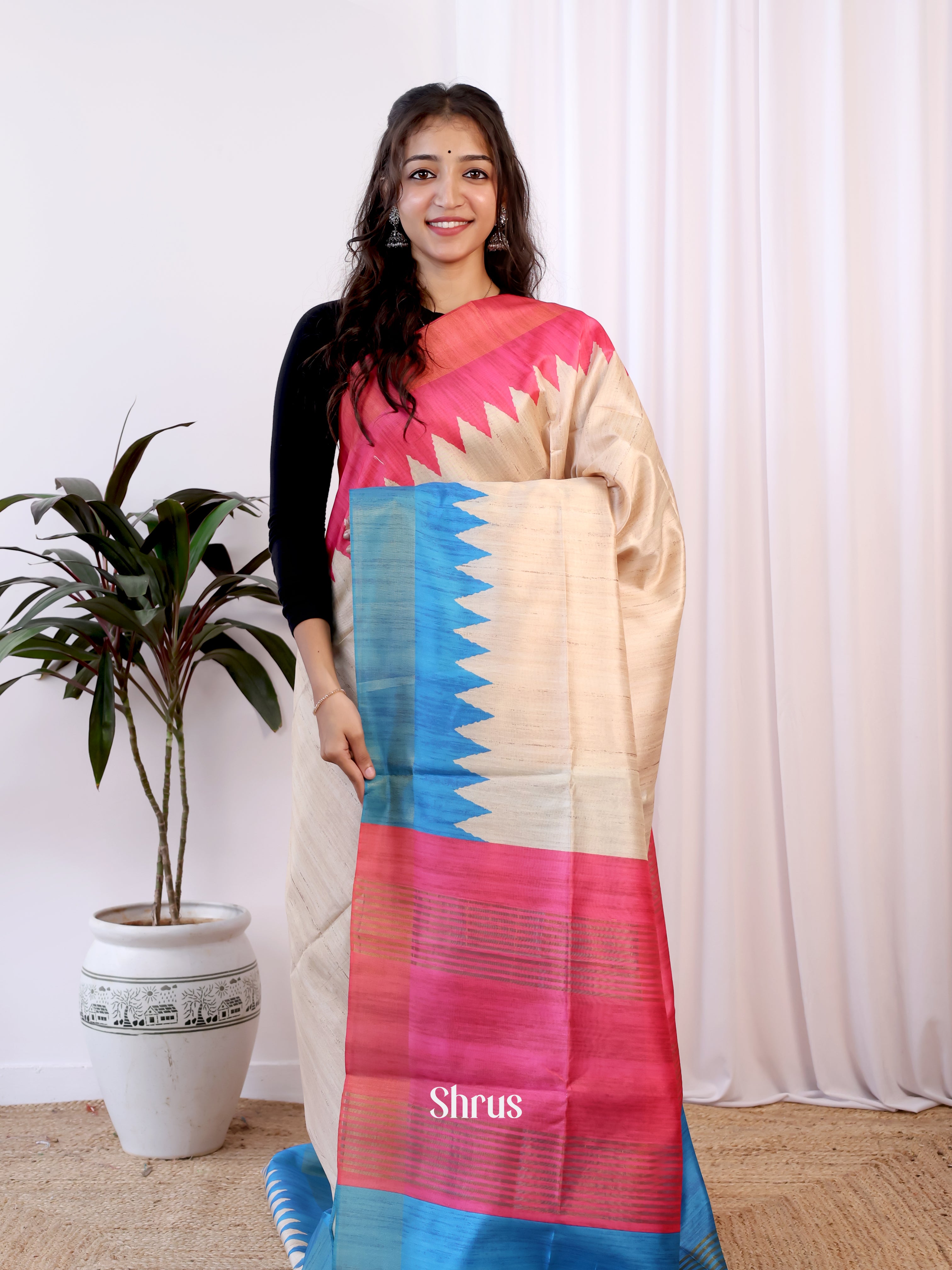 Cream & Blue - Champa semitussar Saree - Shop on Shrus.com