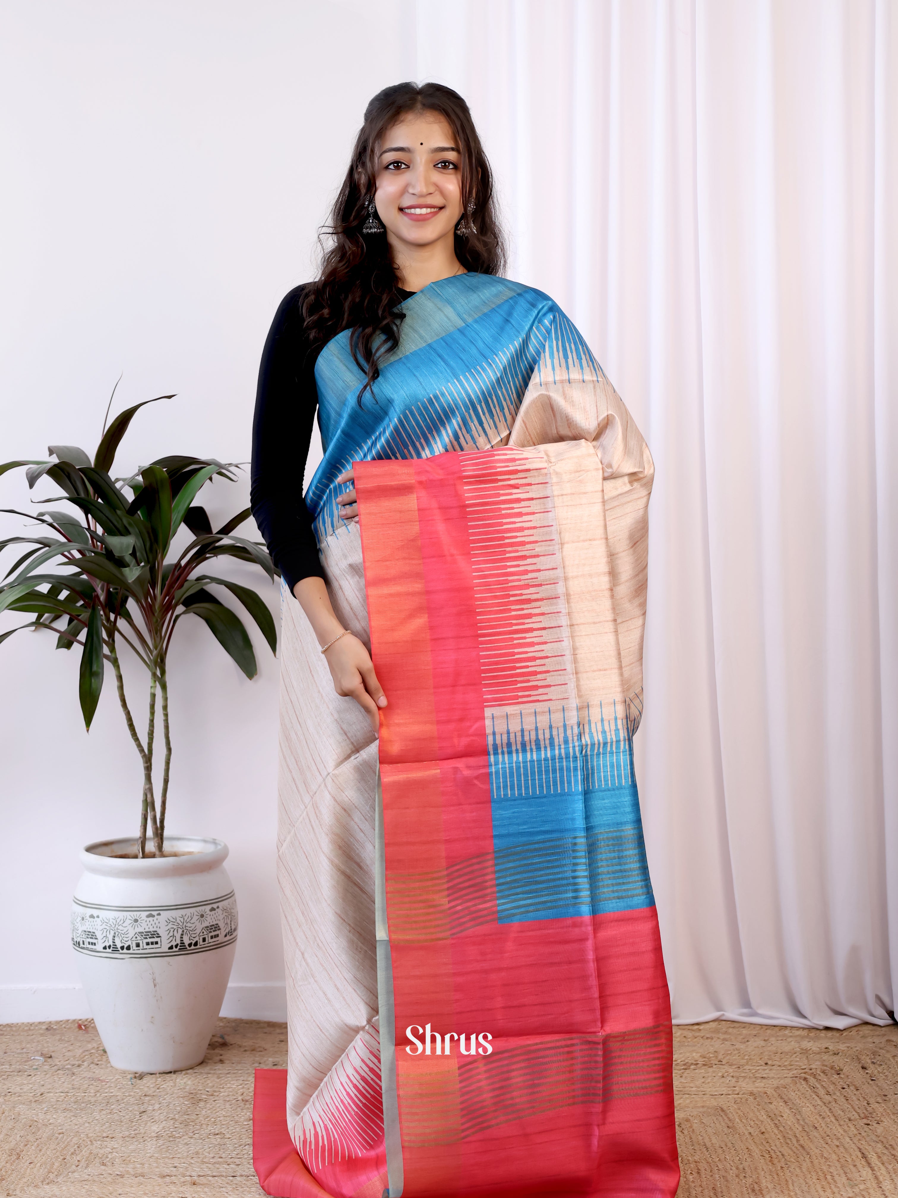Cream & Blue - Champa semitussar Saree - Shop on Shrus.com