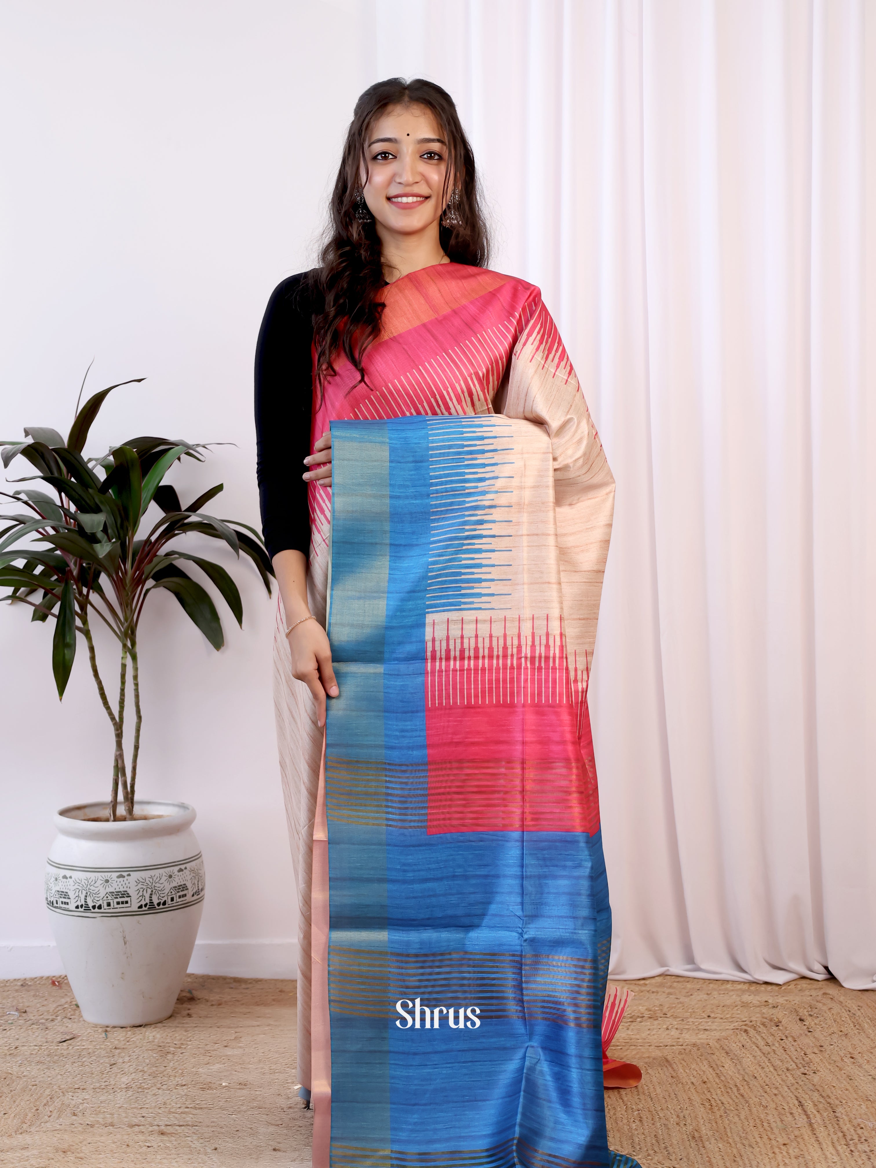 Cream & Pink - Champa semitussar Saree - Shop on Shrus.com