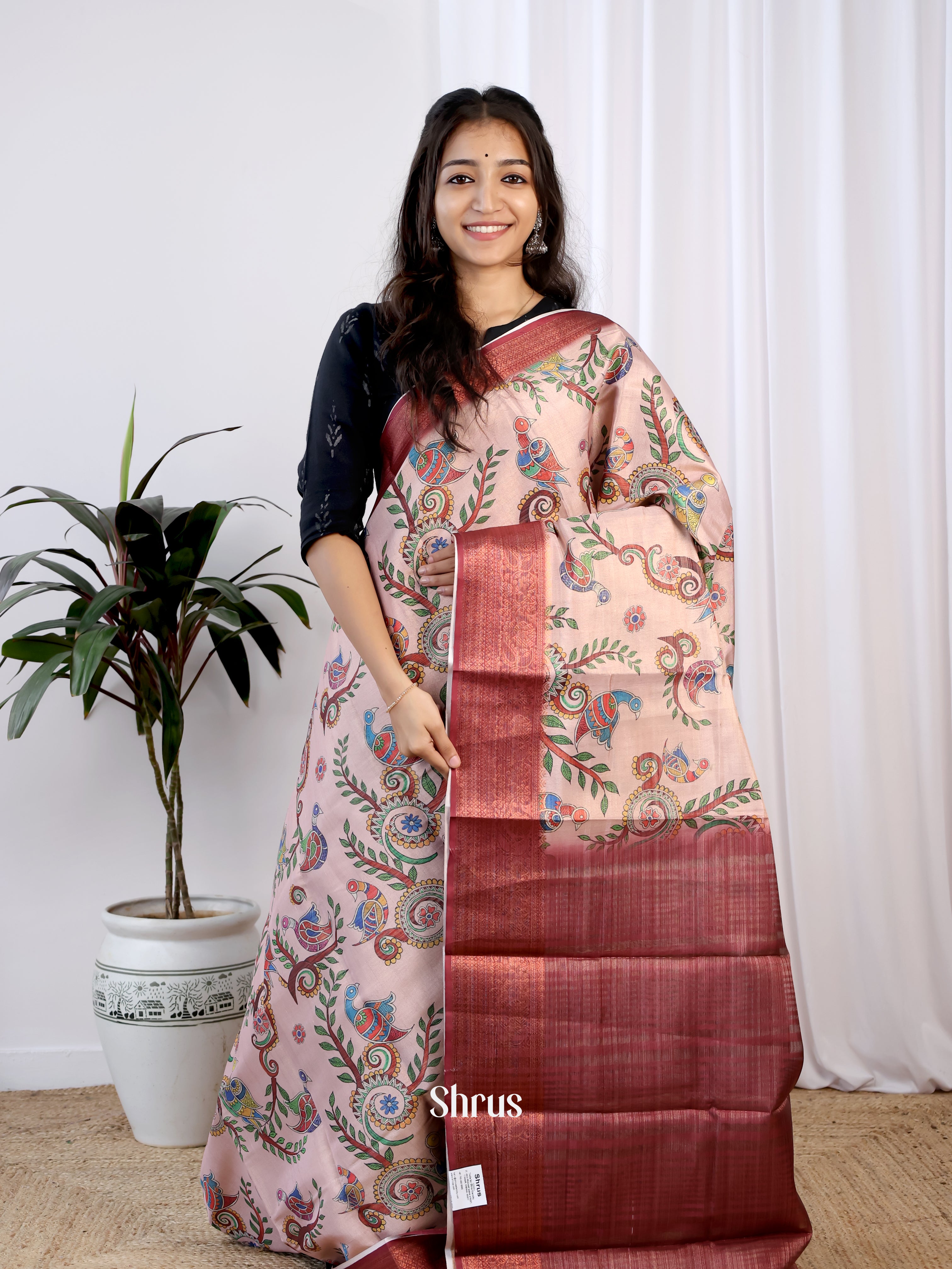 Lite Peach & Brown- Semi Tissue Saree - Shop on Shrus.com