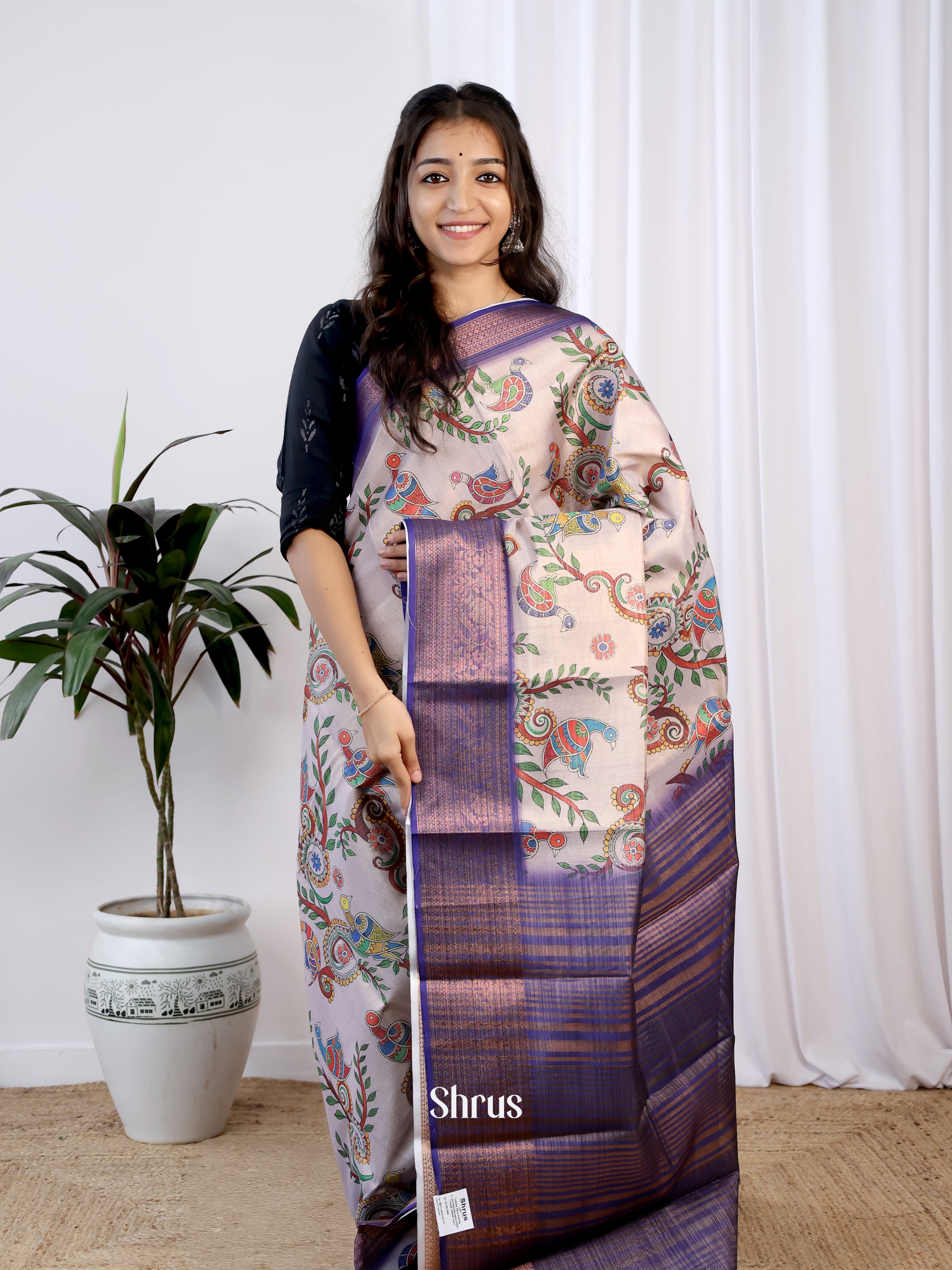 Lite peach & Violet - Semi Tissue Saree - Shop on Shrus.com