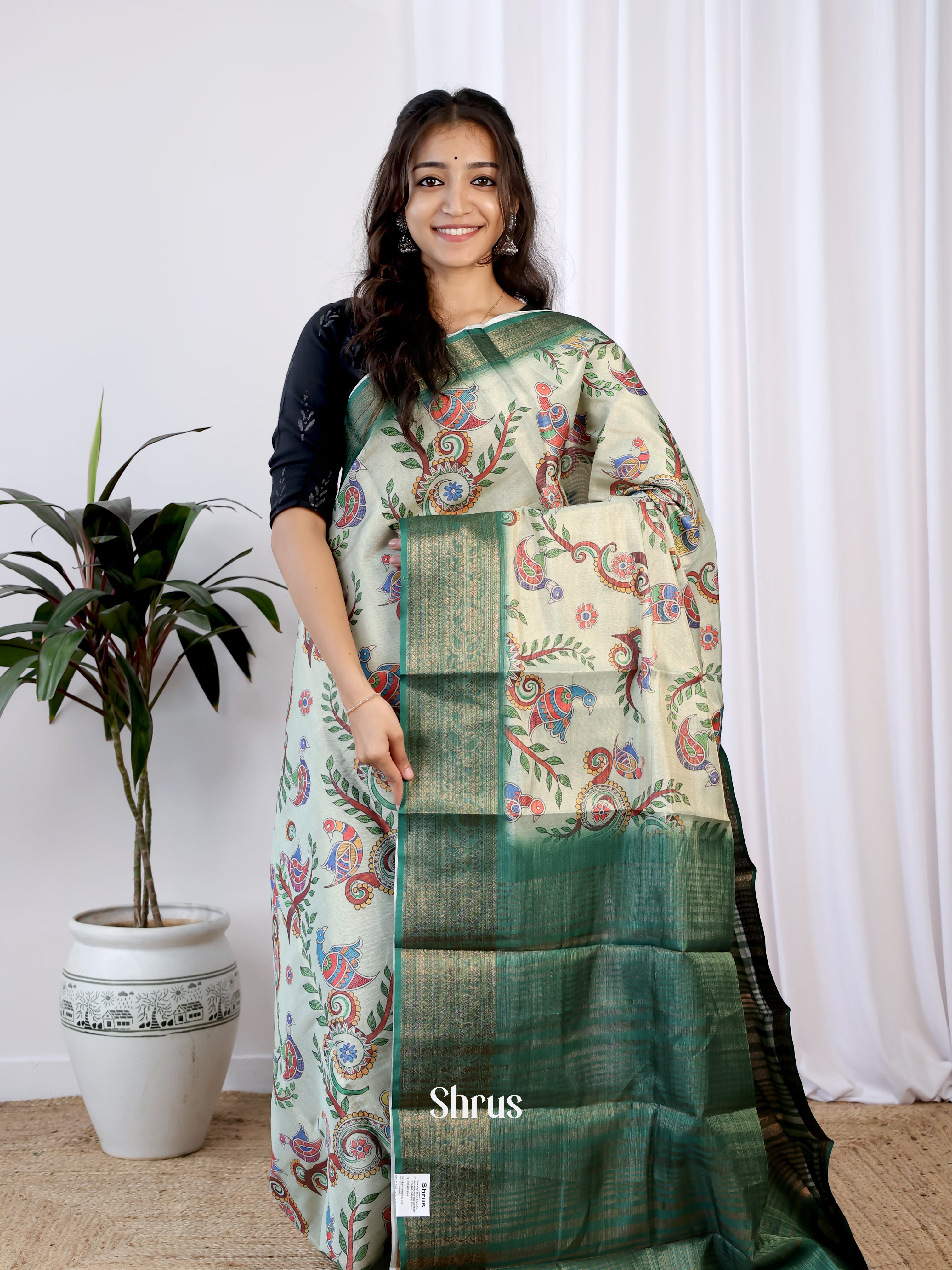 Lite Green & bottle Green - Semi Tissue Saree - Shop on Shrus.com