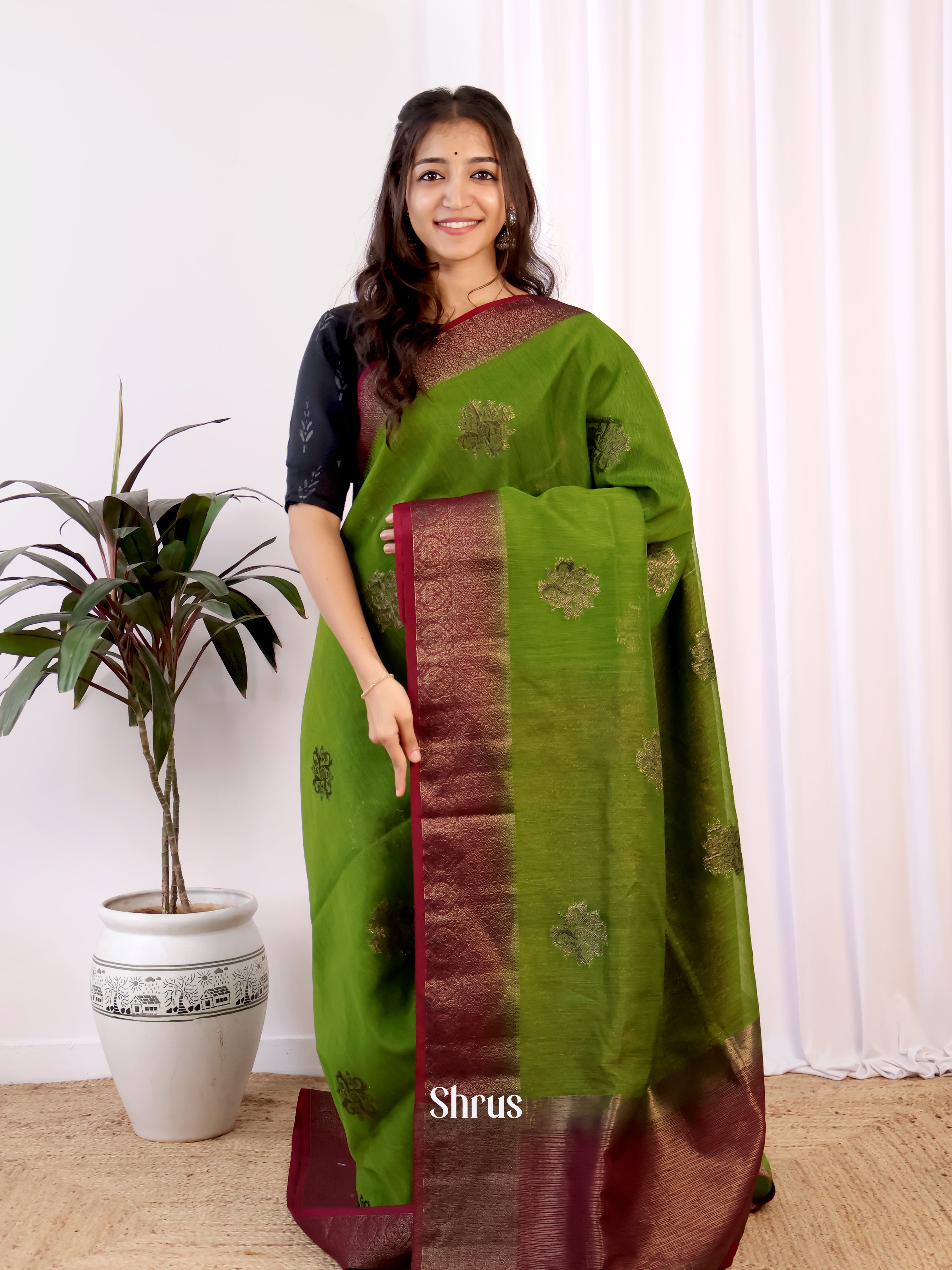 Green & Maroon- Semi Jute Saree - Shop on Shrus.com