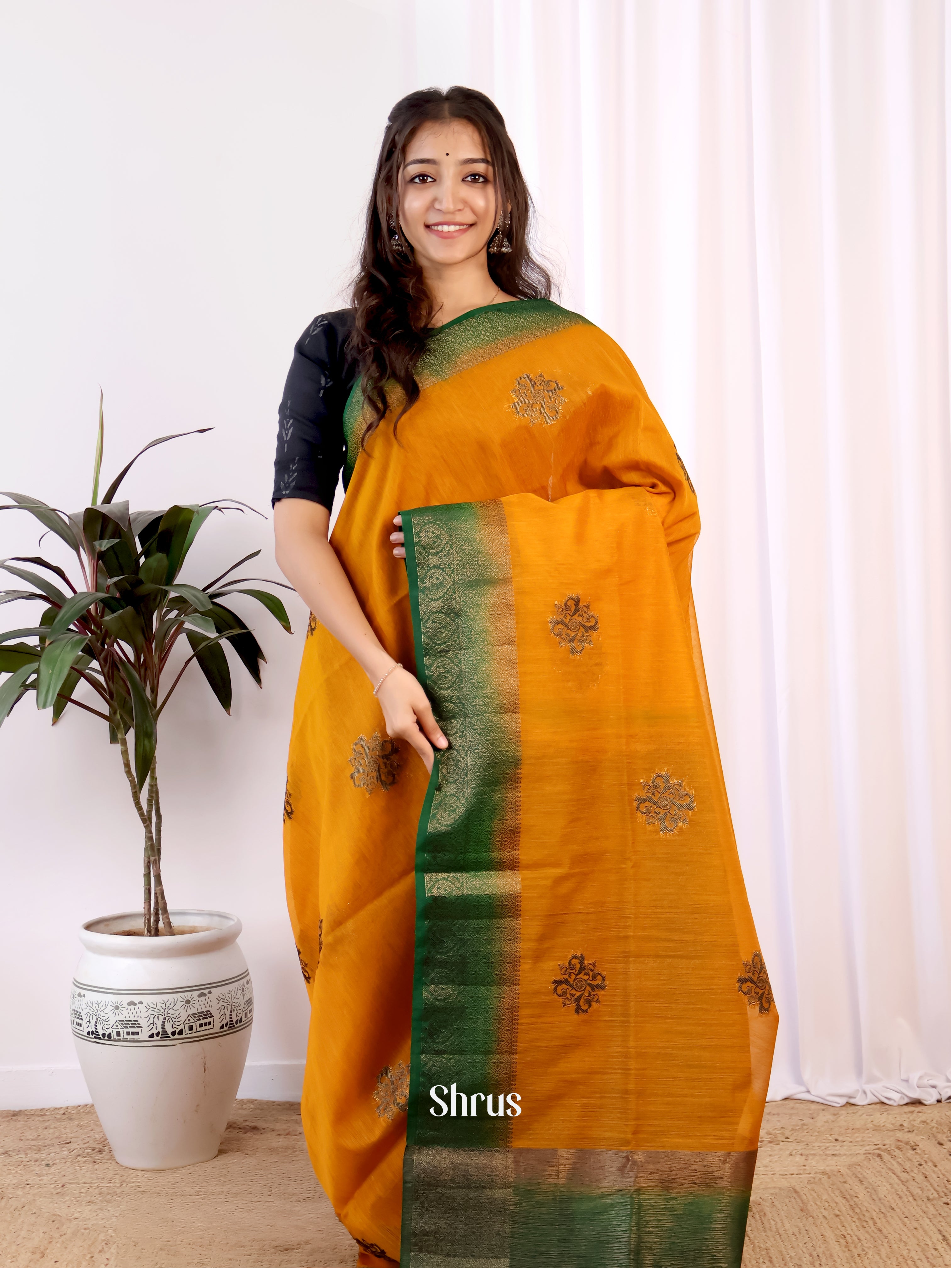 Mustard & Green - Semi Jute Saree - Shop on Shrus.com