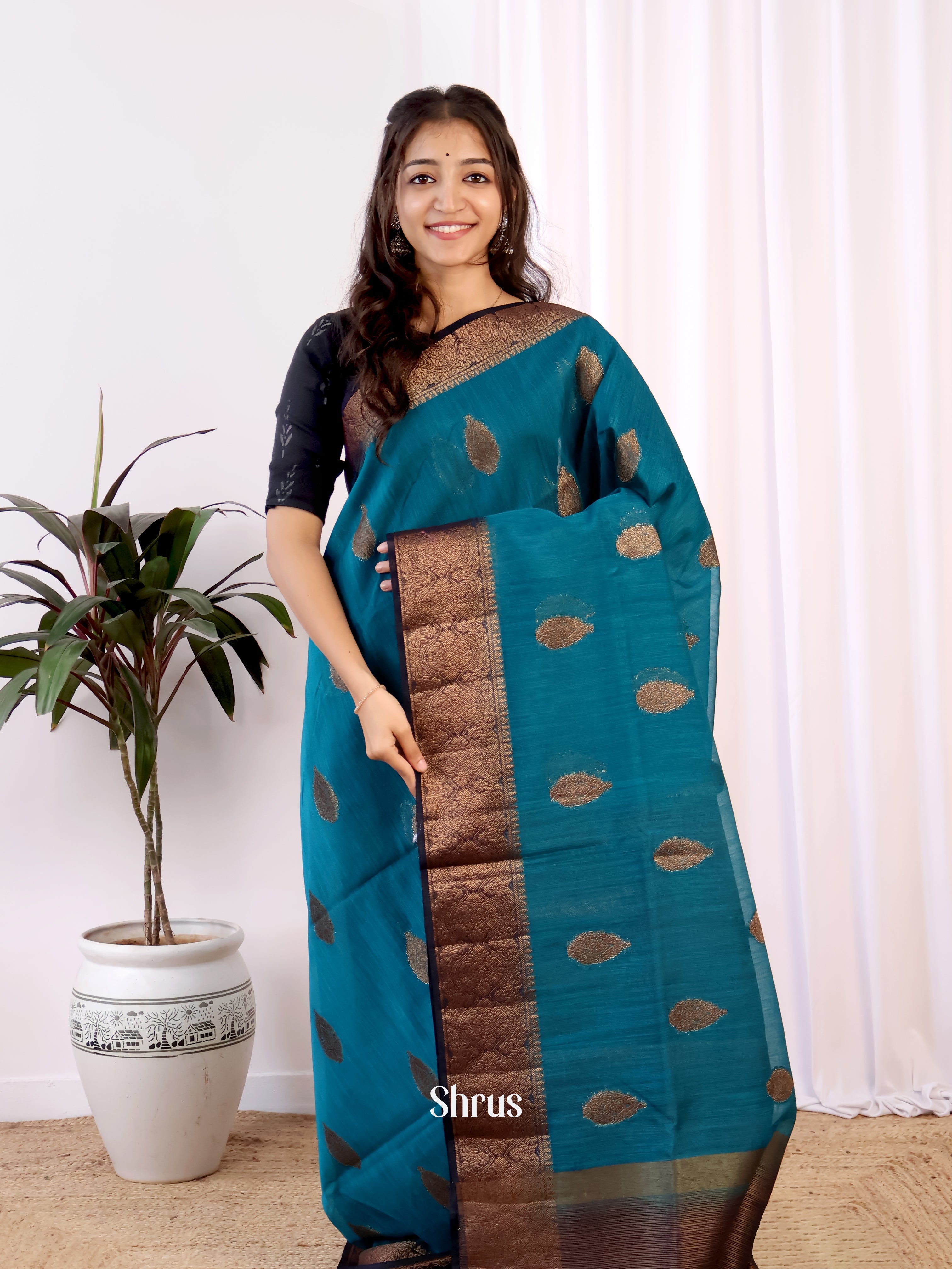 Blue & Brown - Semi Jute Saree - Shop on Shrus.com