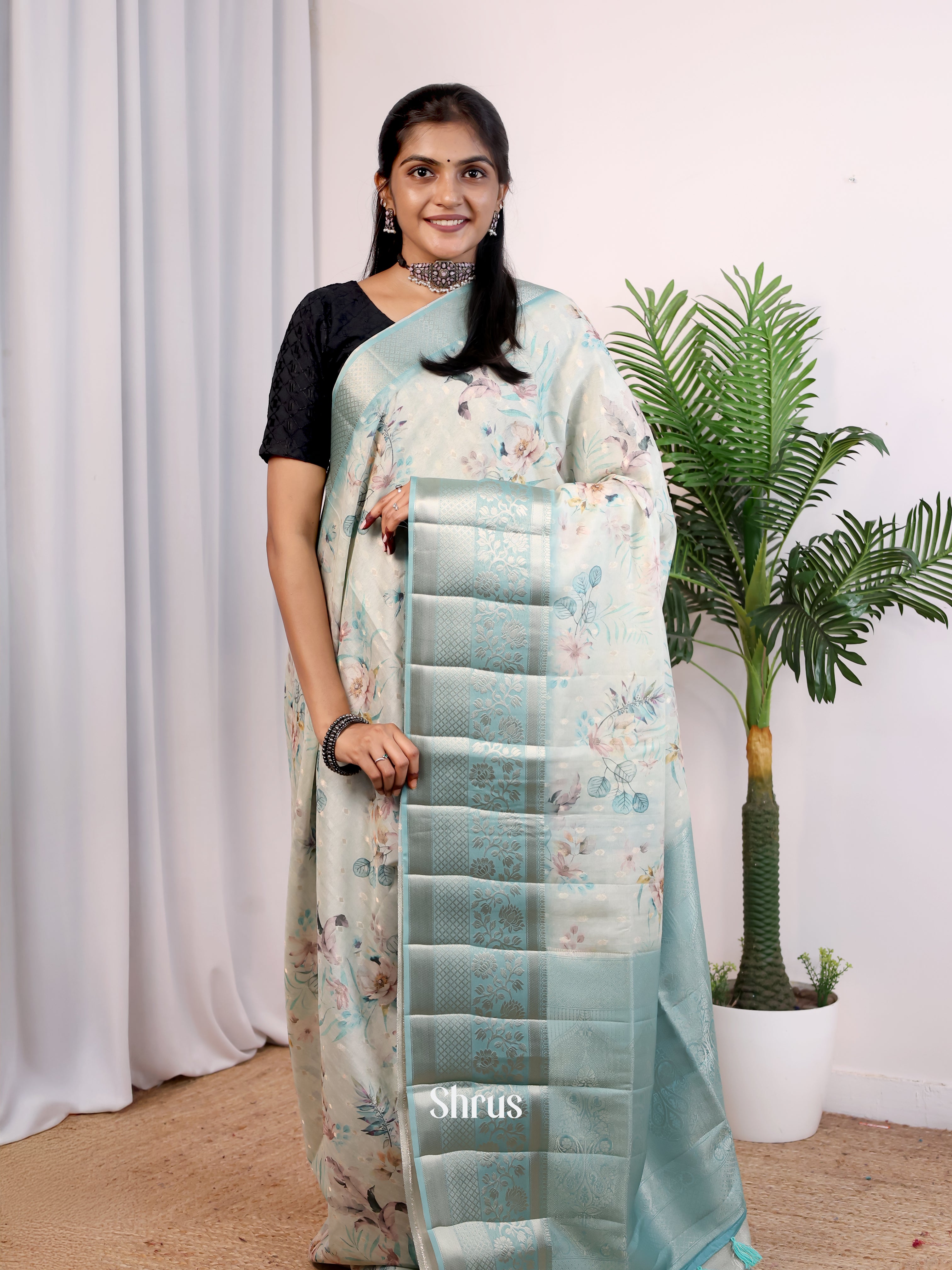 sky Blue - Printed chanderi saree