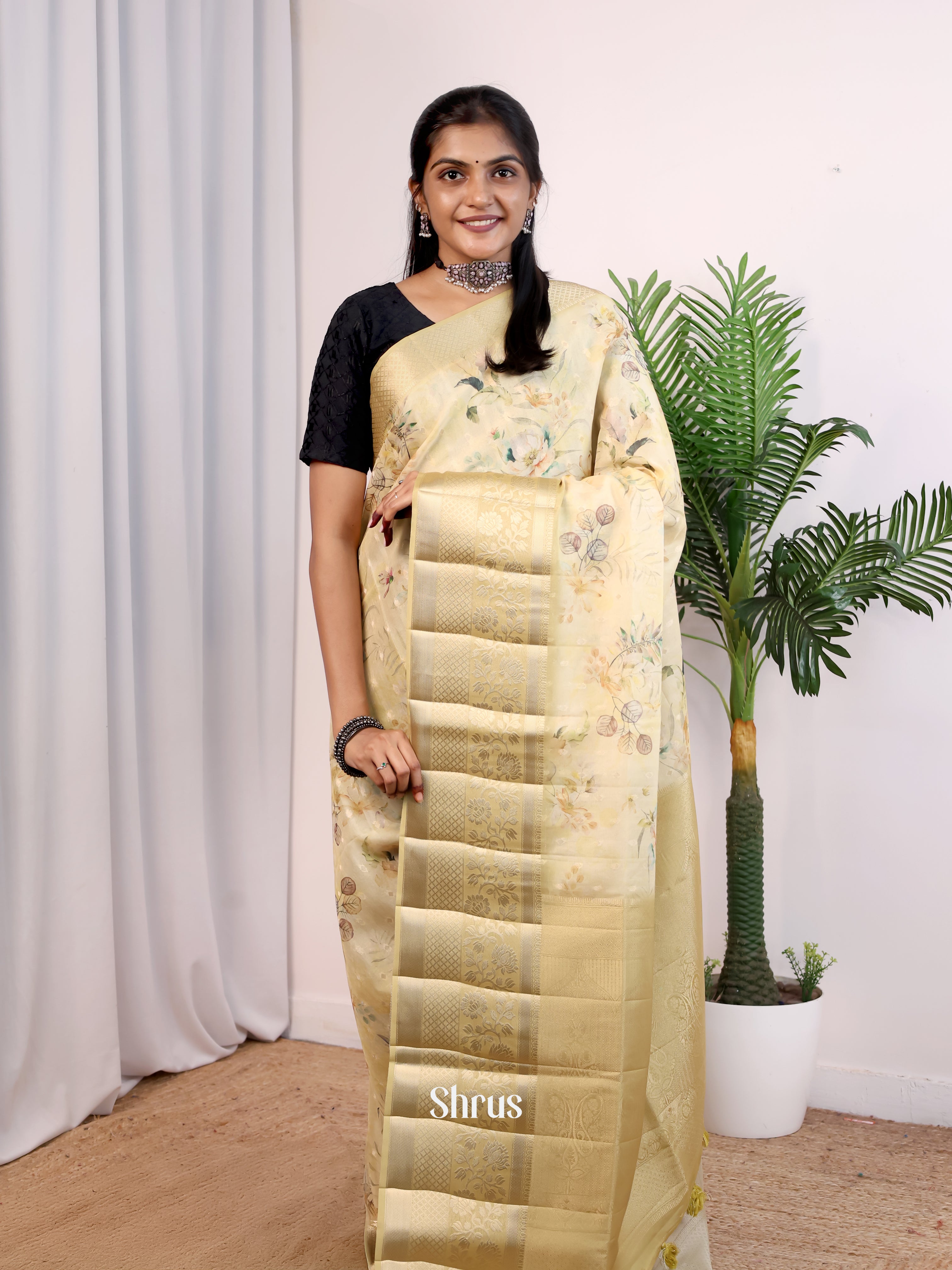 Sandle Cream- Printed chanderi Saree