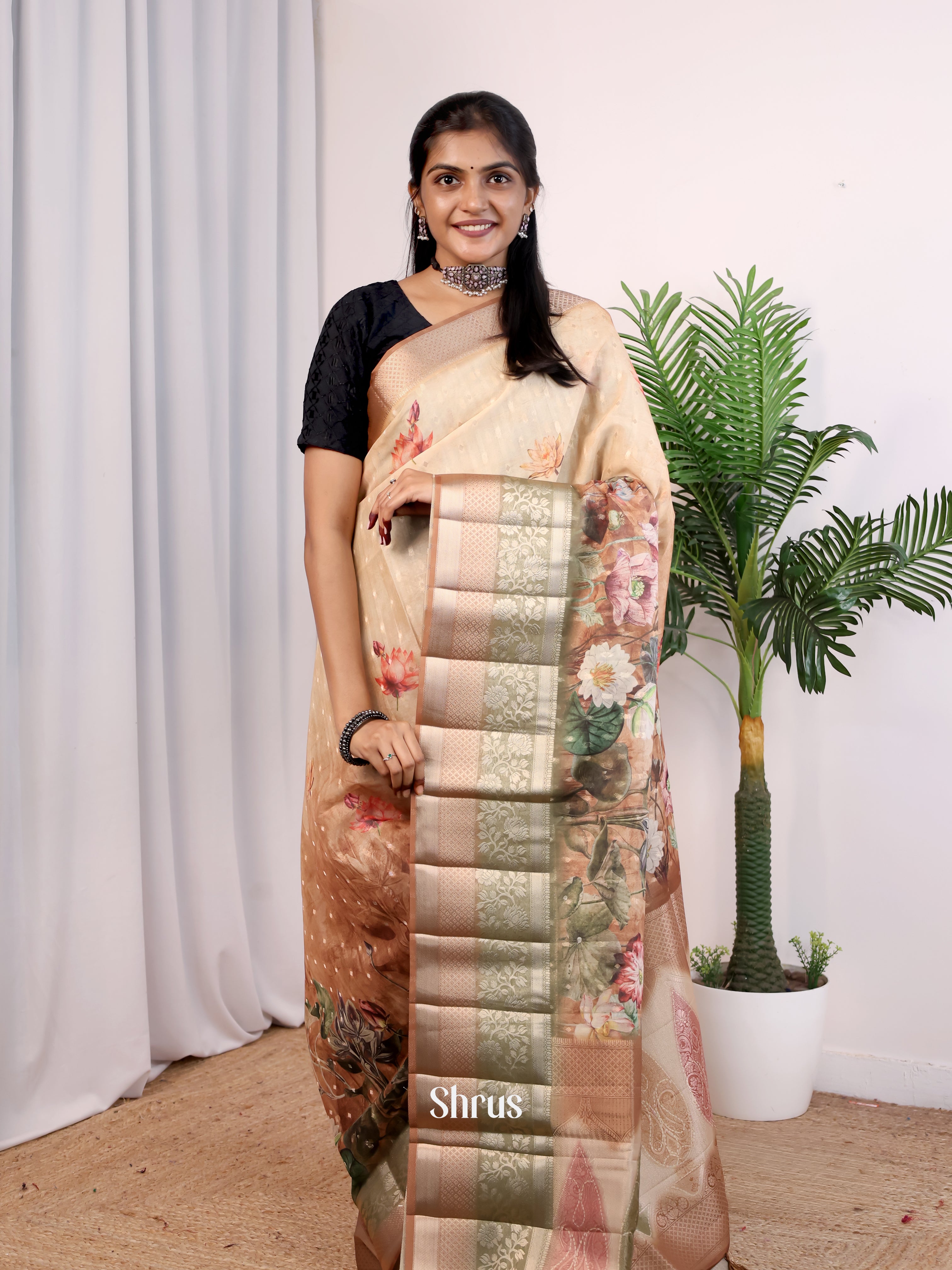 Peach & Brown designed - Printed chanderi Saree