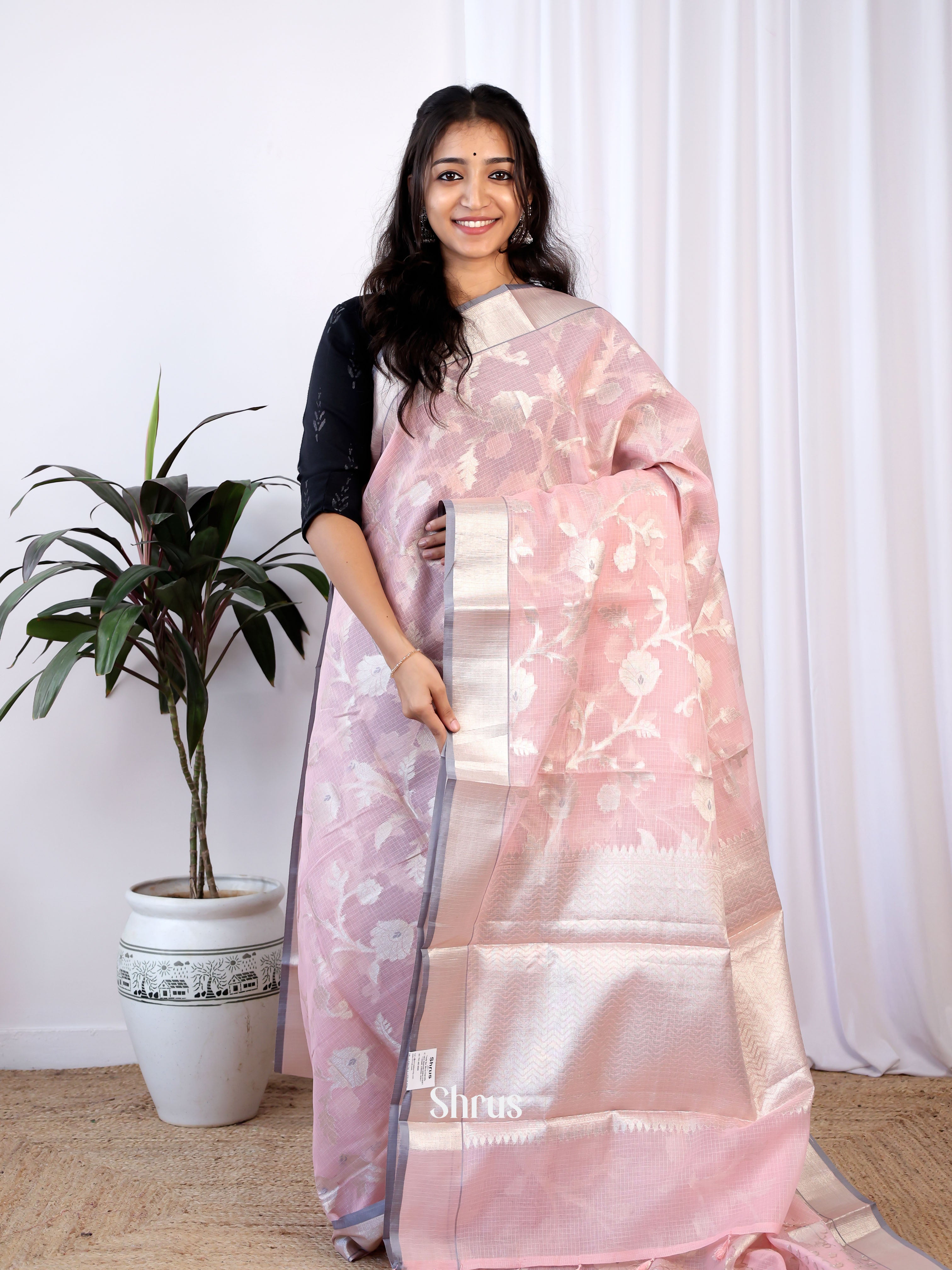 Pink & Grey - Kora Banarasi Saree - Shop on Shrus.com