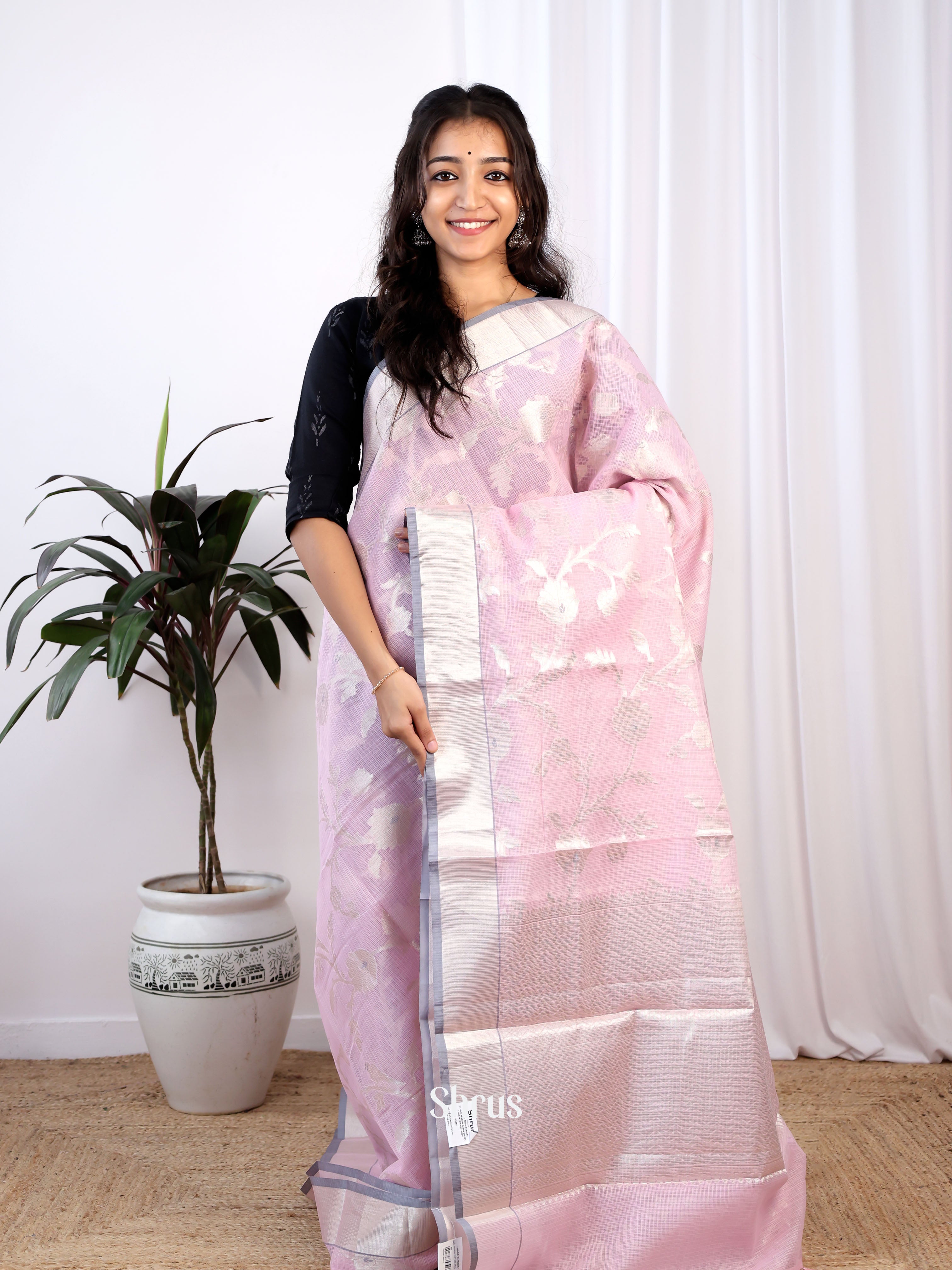 Pink & Grey - Kora Banarasi Saree - Shop on Shrus.com