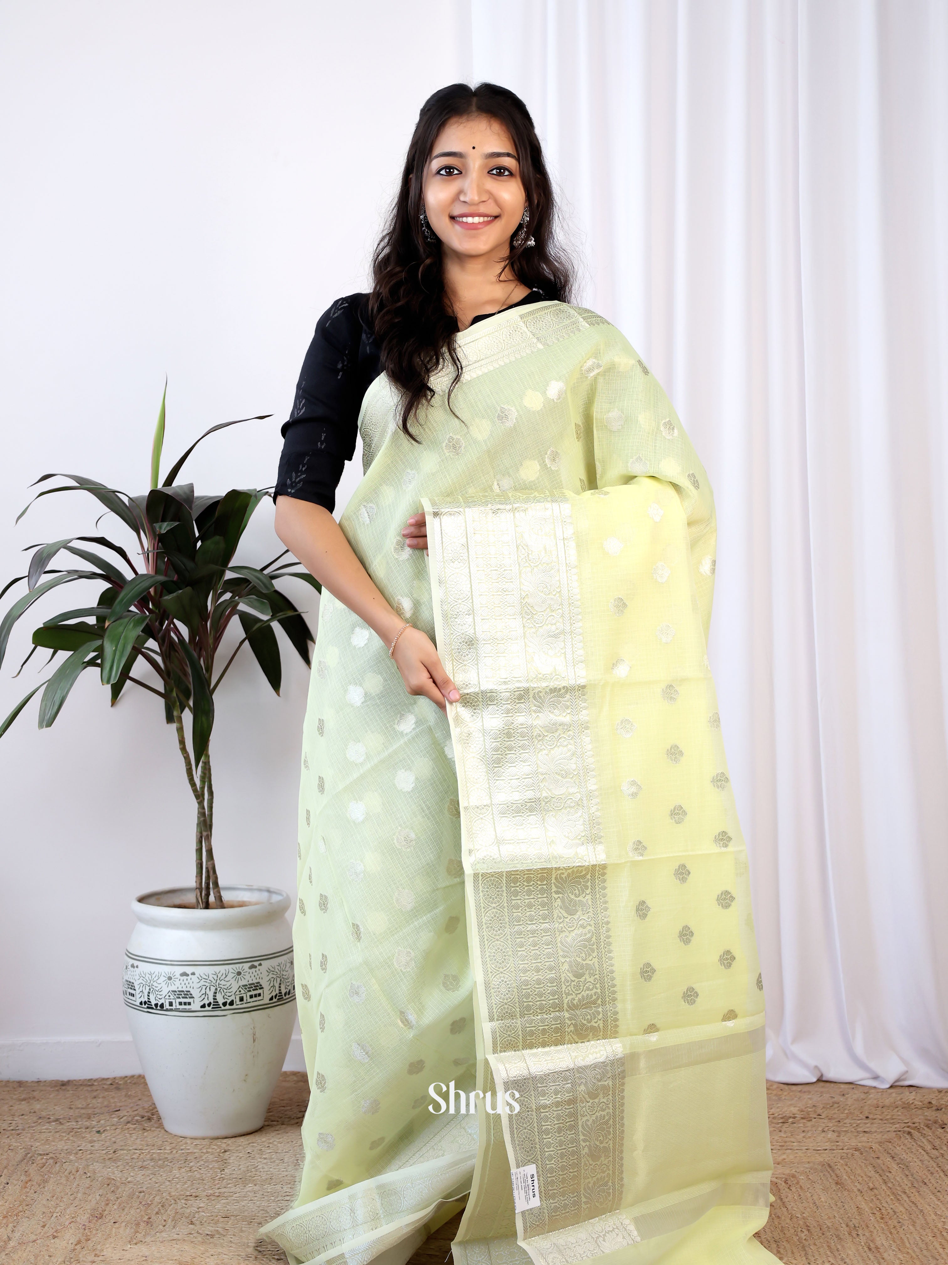 Lite Lime Yellow- Kora Banarasi Saree - Shop on Shrus.com