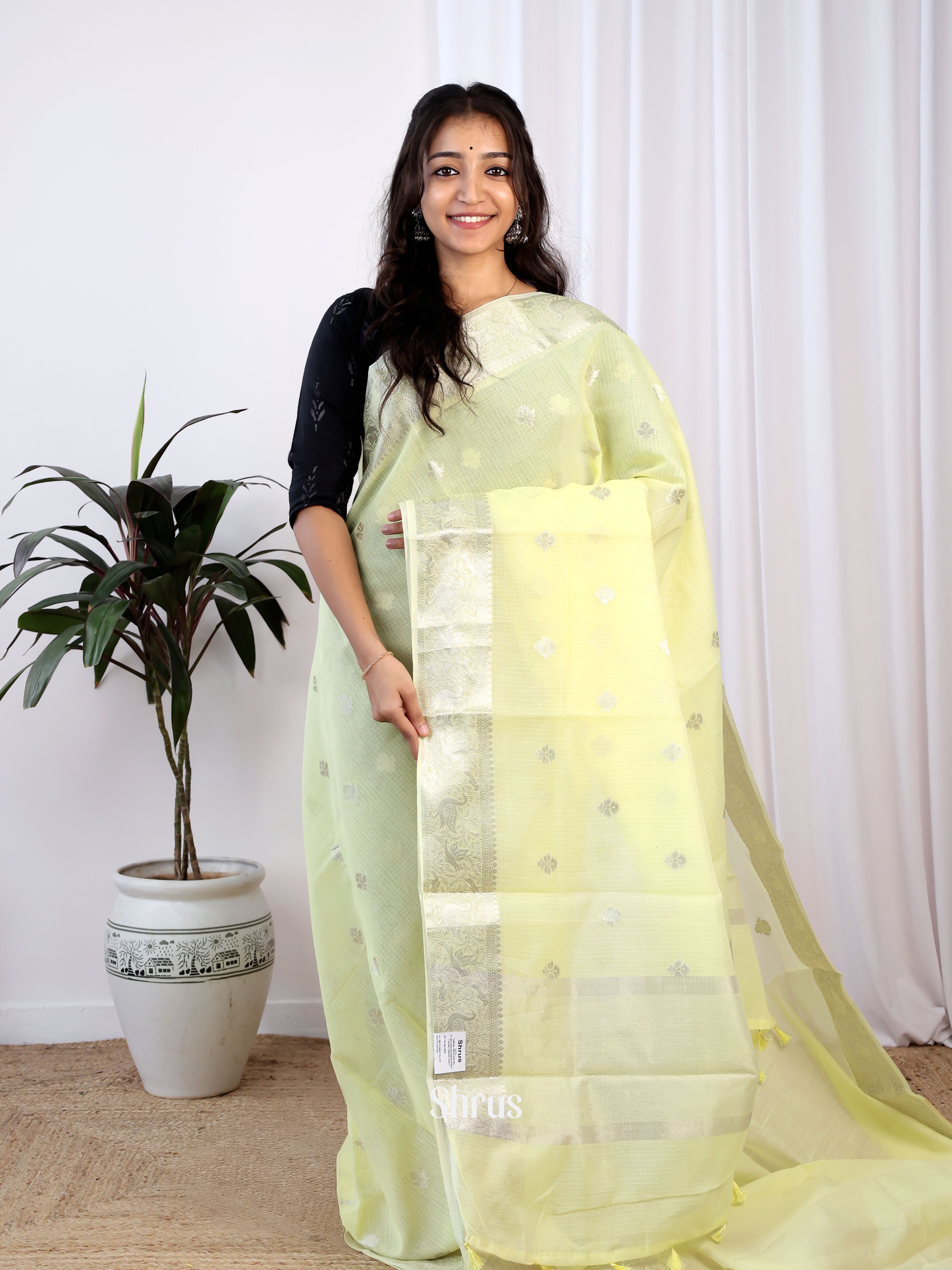 Lime Yellow - Kora Banarasi Saree - Shop on Shrus.com