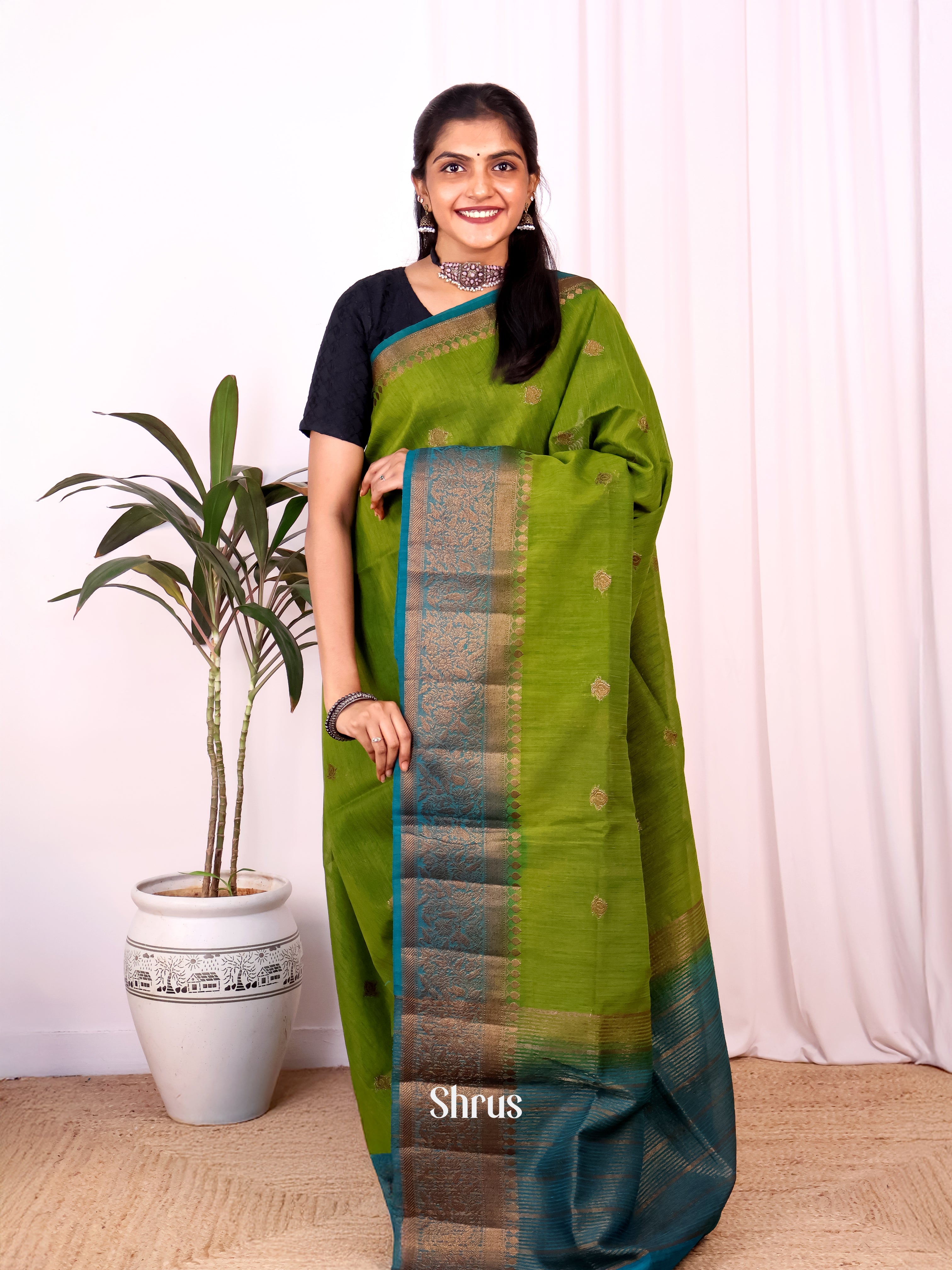 Green & Blue - Semi Jute Saree - Shop on Shrus.com