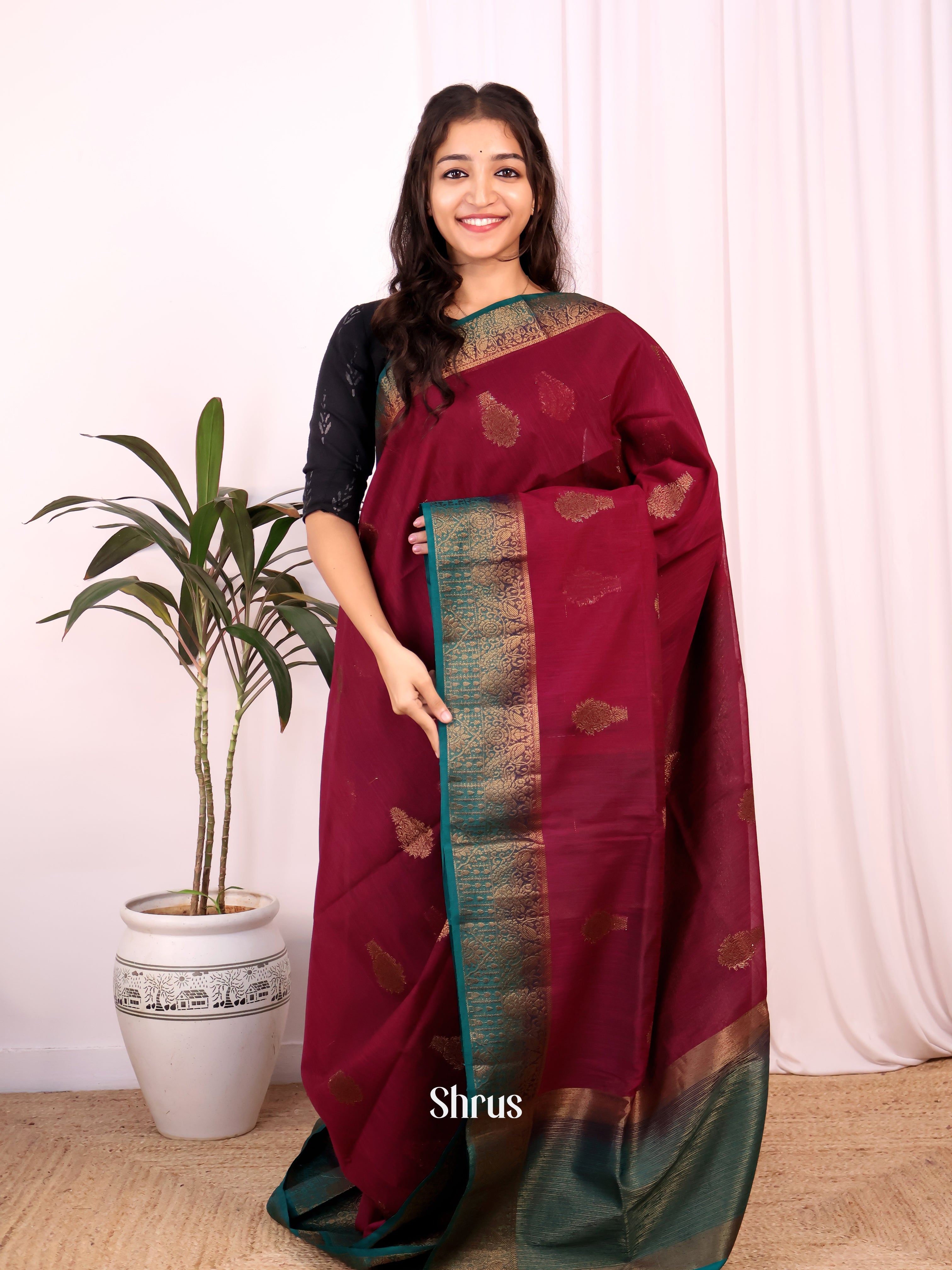 Maroon & Teal - Semi Jute Saree - Shop on Shrus.com