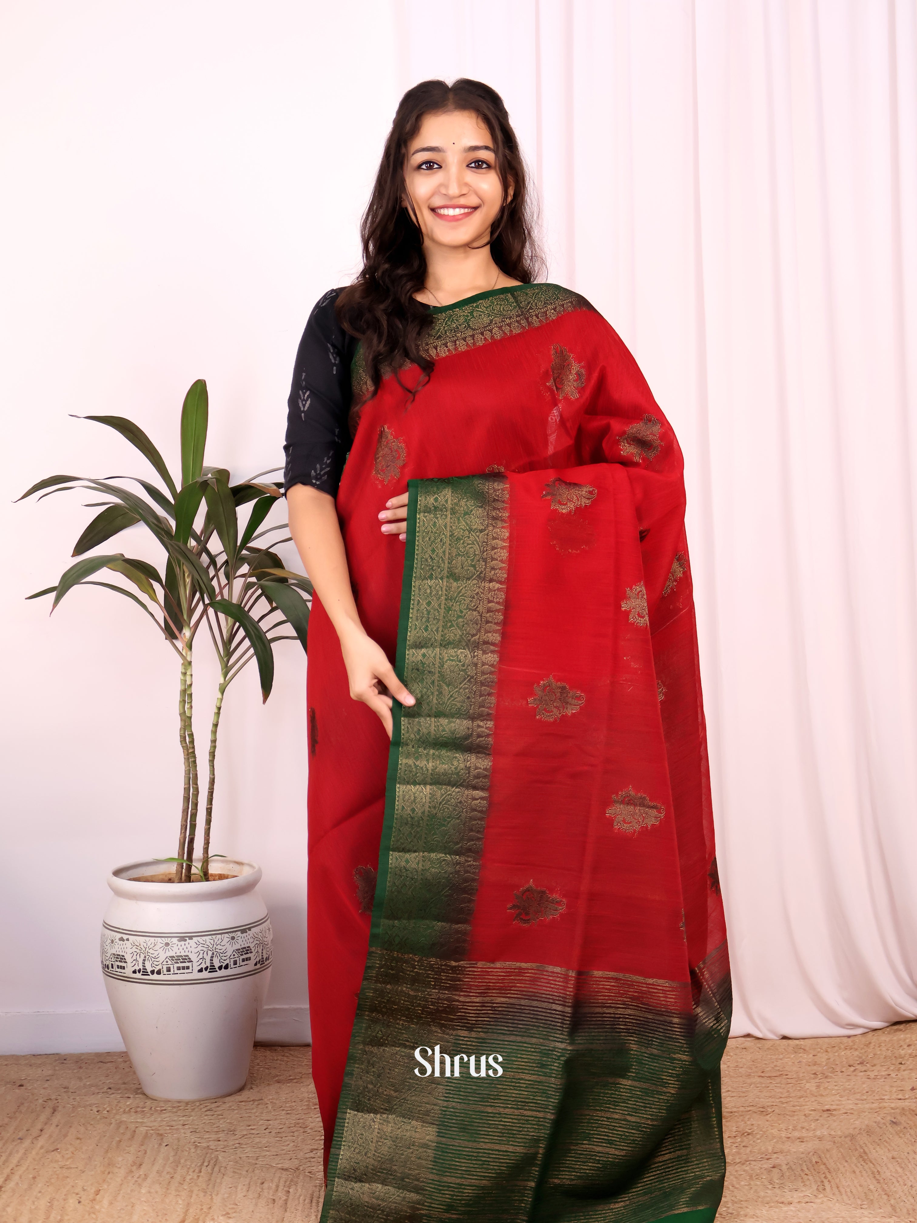 Red & Green - Semi Jute Saree - Shop on Shrus.com