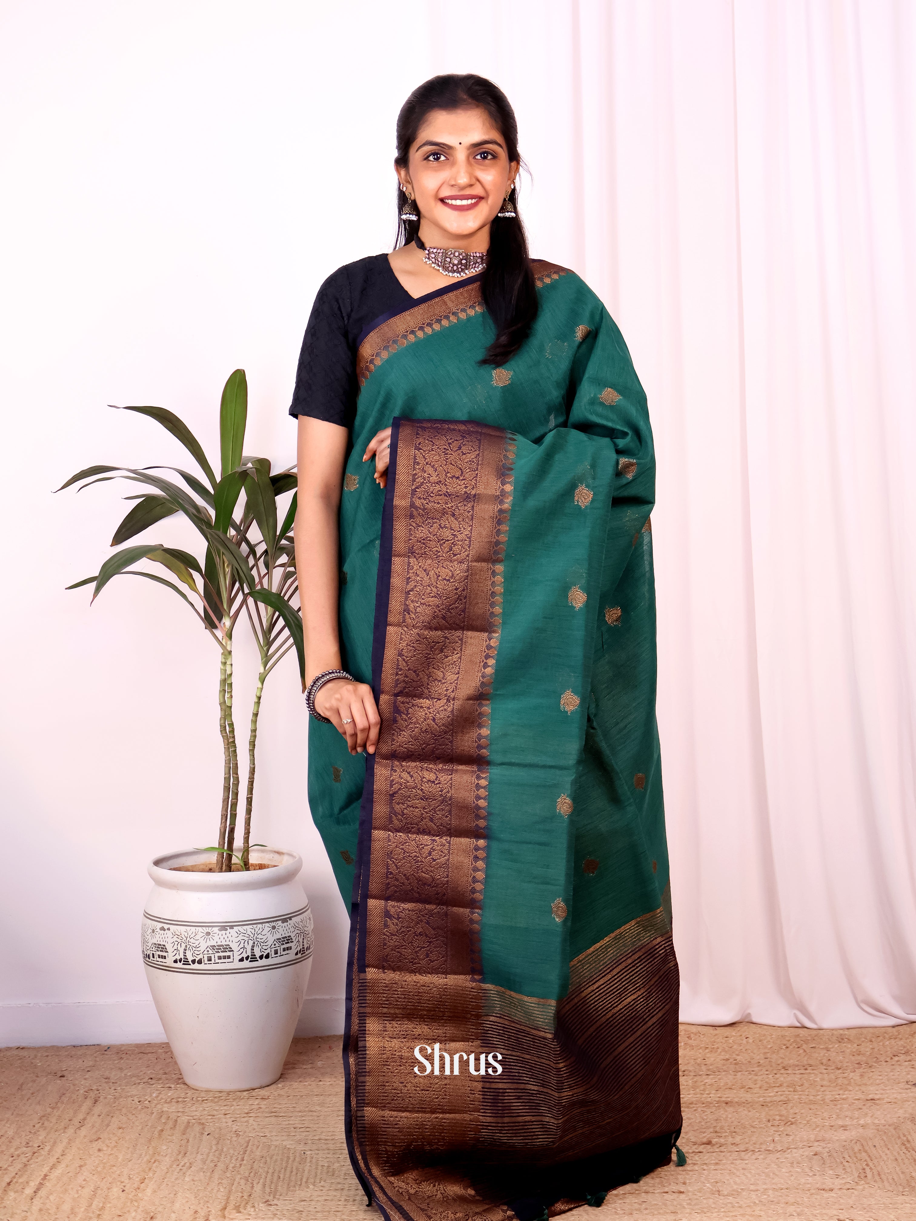 green & Maroon - Semi Jute Saree - Shop on Shrus.com