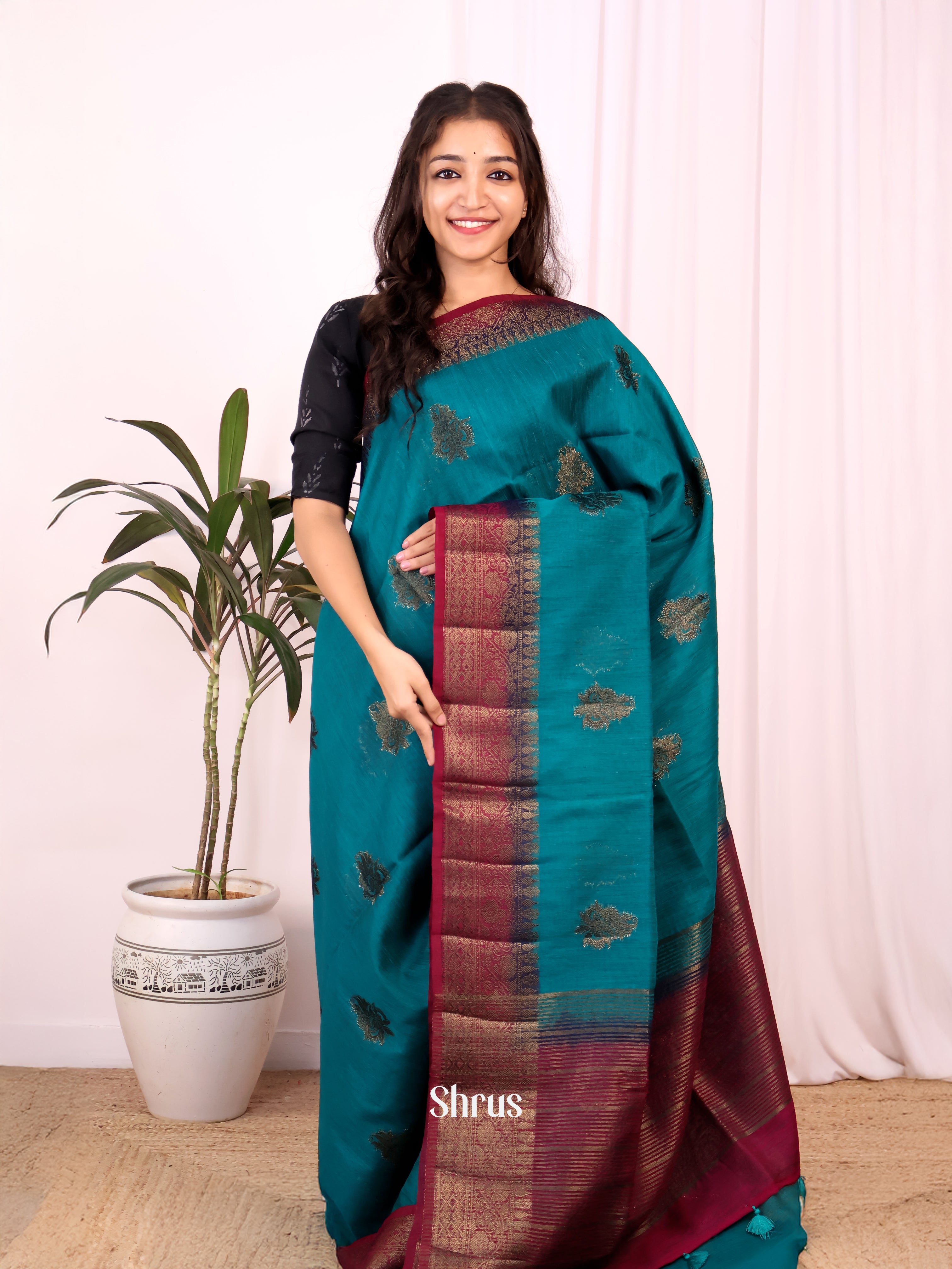 Blue & Maroon- Semi Jute Saree - Shop on Shrus.com