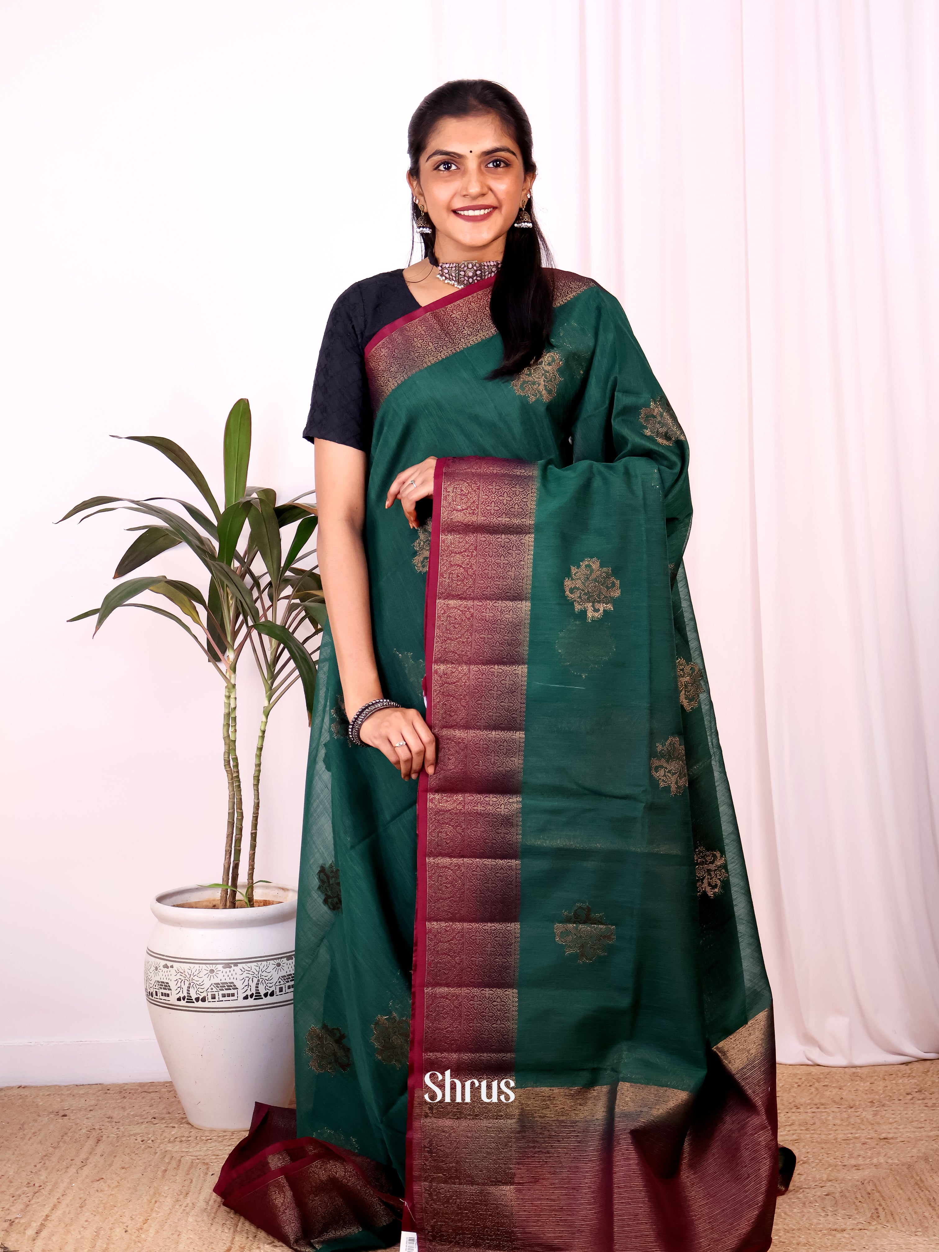 Green & Maroon- Semi Jute Saree - Shop on Shrus.com