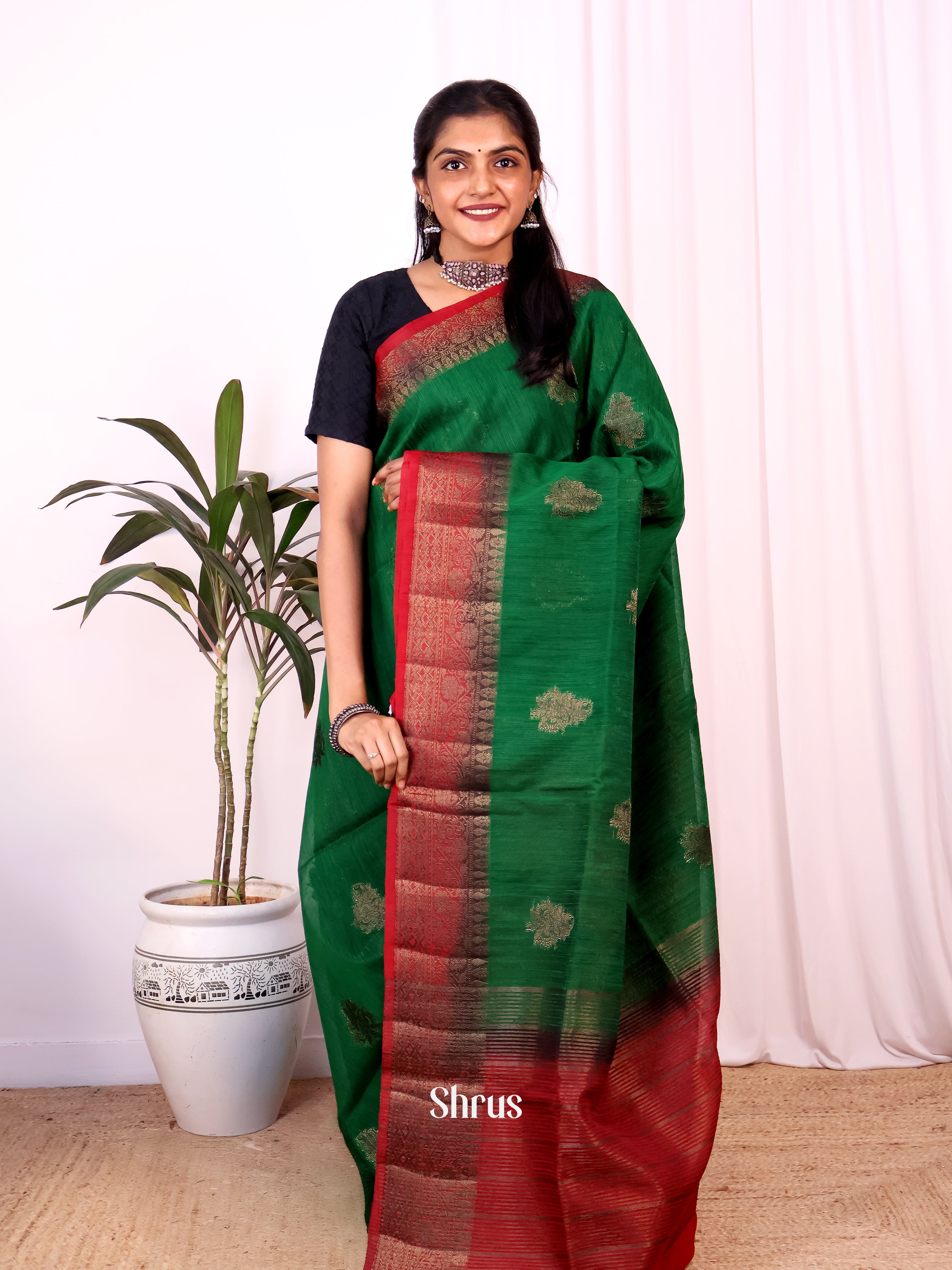 Green & Maroon - Semi Jute Saree - Shop on Shrus.com
