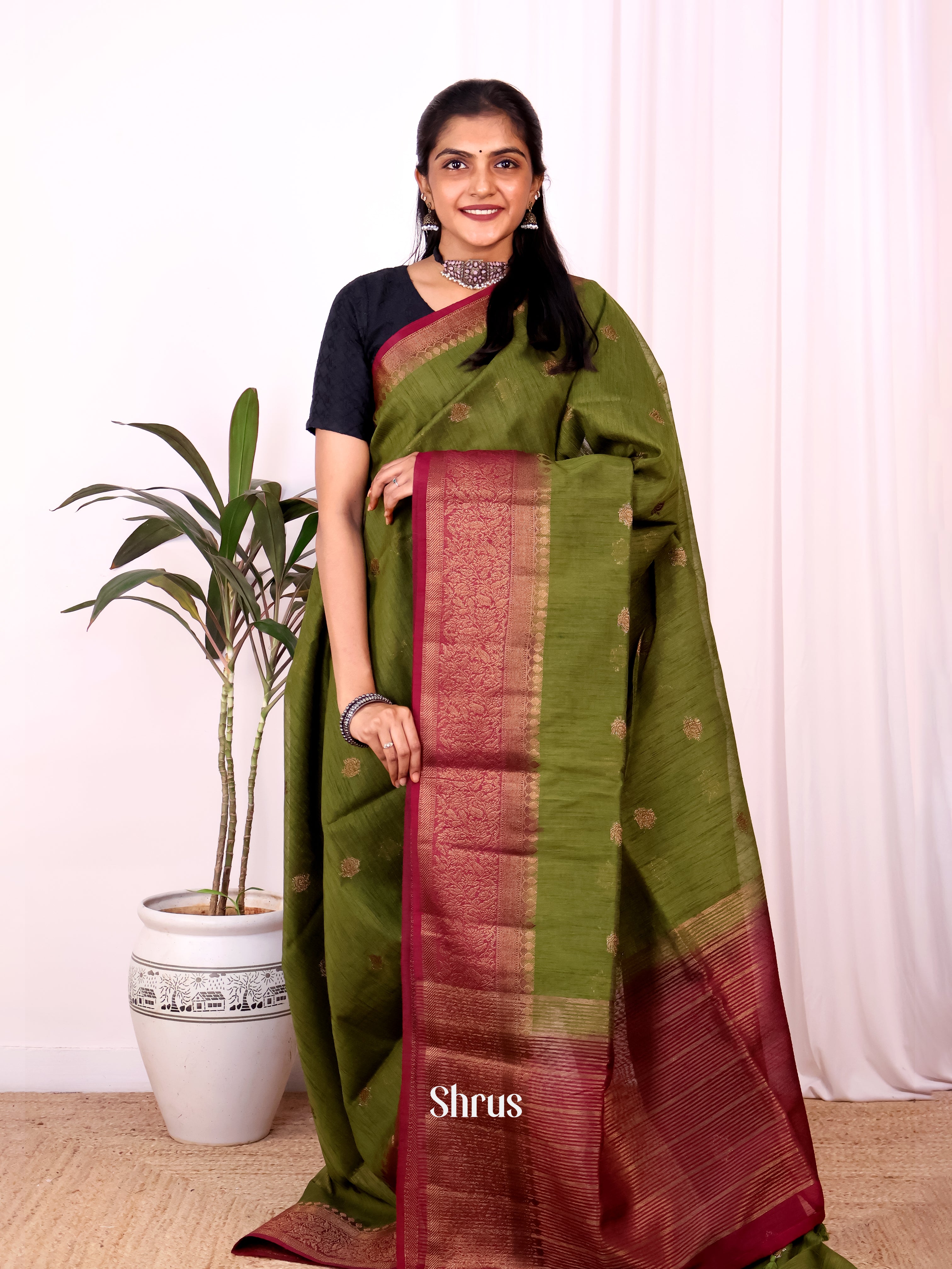 Green & Maroon - Semi Jute Saree - Shop on Shrus.com